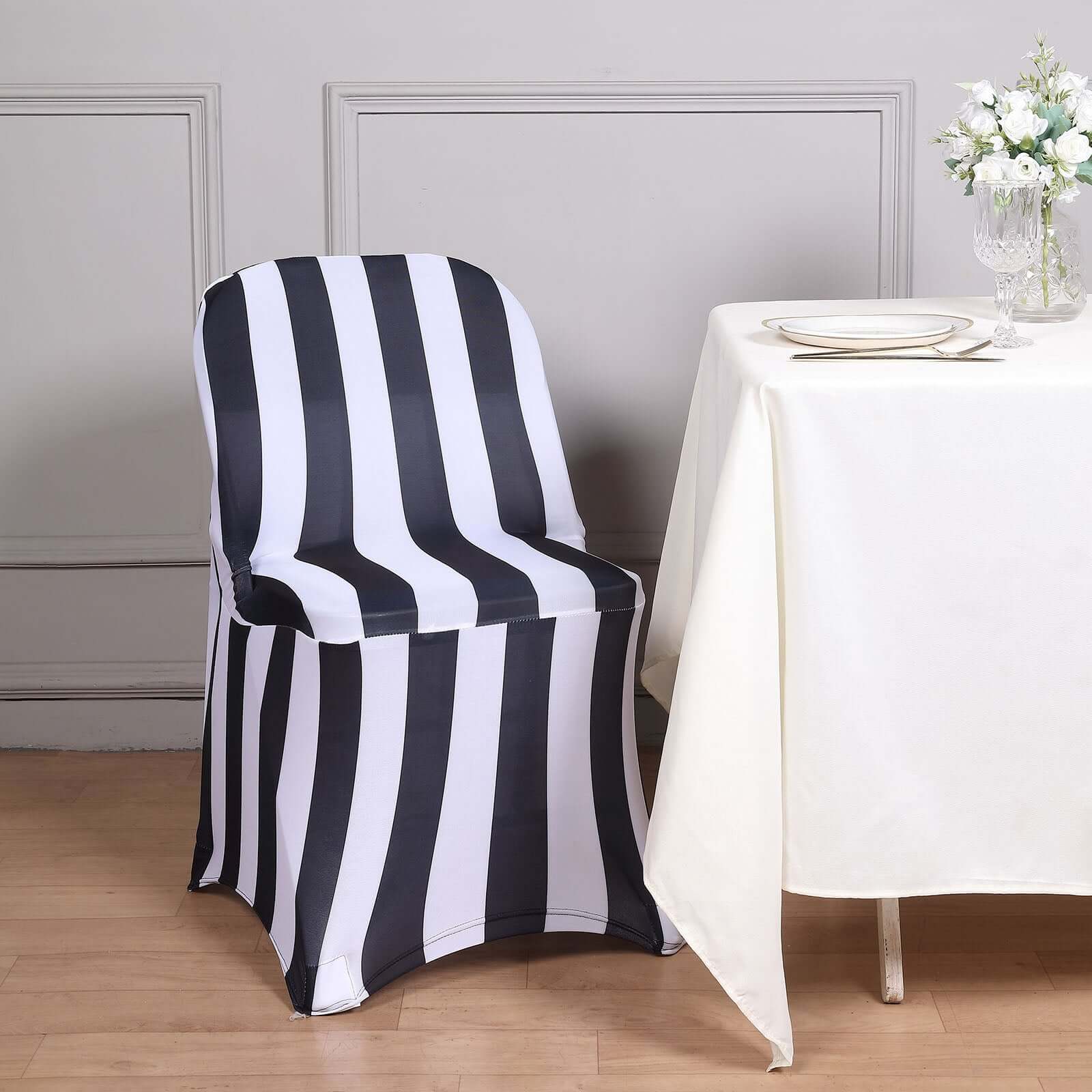 Stretch Spandex Chair Cover Black/White for Folding Chairs - 2 Striped Wrinkle Resistant Classy 160GSM Fitted Slipcover With Foot Pockets