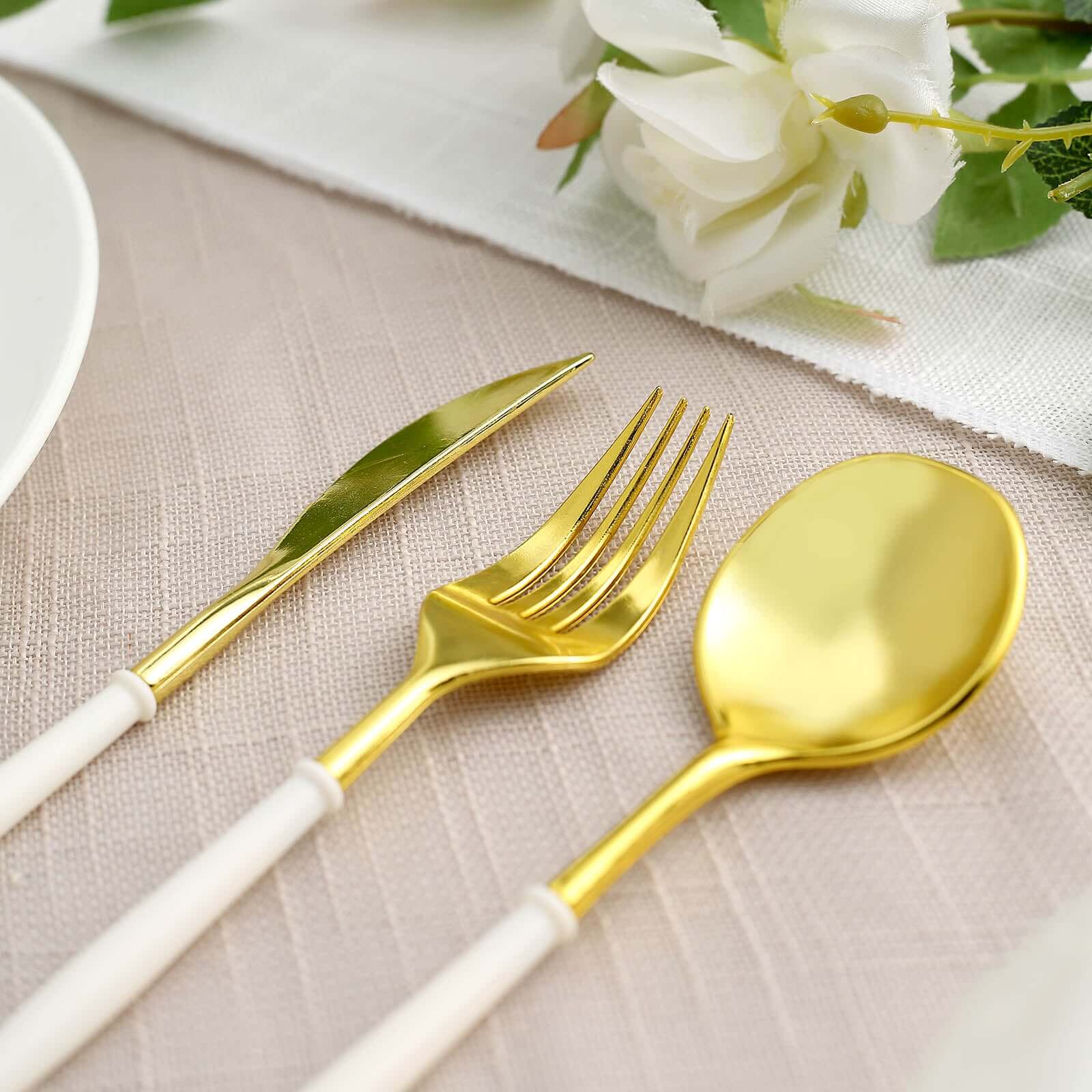 24-Pack Plastic Flatware Set in Metallic Gold with Ivory Handle - Heavy Duty Disposable Modern Silverware 8