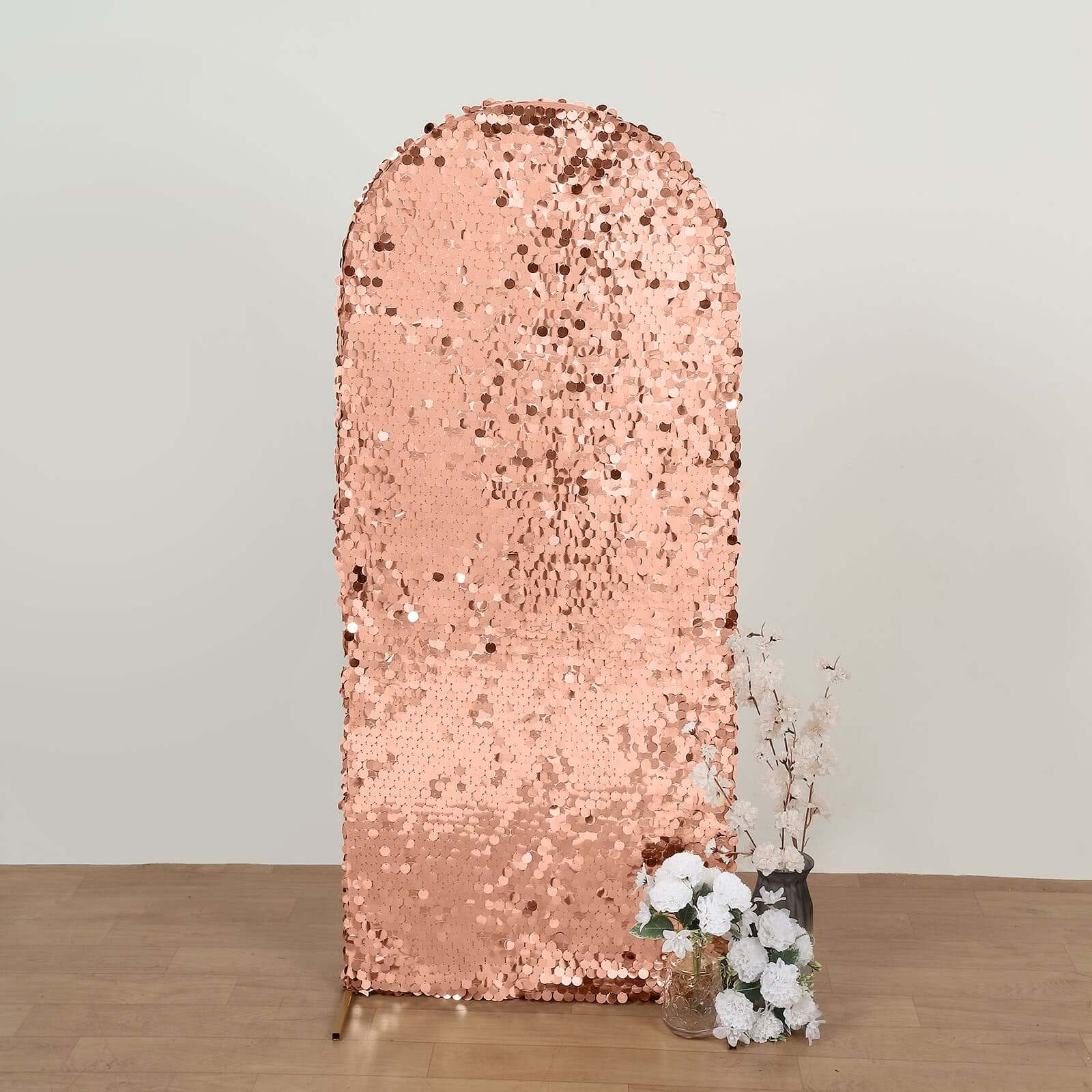 5ft Sparkly Rose Gold Double Sided Big Payette Sequin Chiara Backdrop Stand Cover For Fitted Round Top Wedding Arch