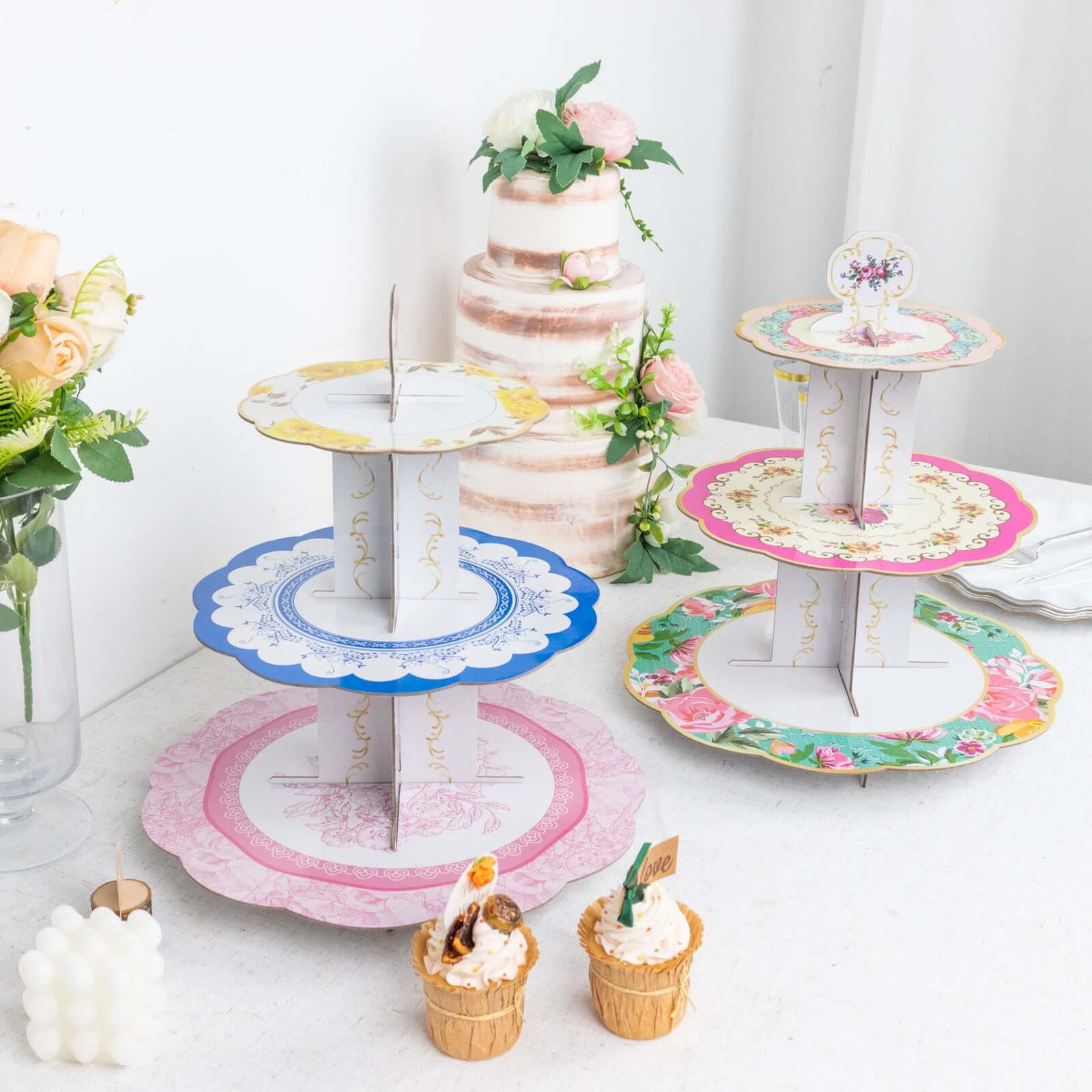 2-Pack Cardboard Round Cupcake Stand Assorted Floral Design - 3-Tier Reusable Dessert Display Pedestal With Scalloped Edges for Garden-Themed Celebrations 14