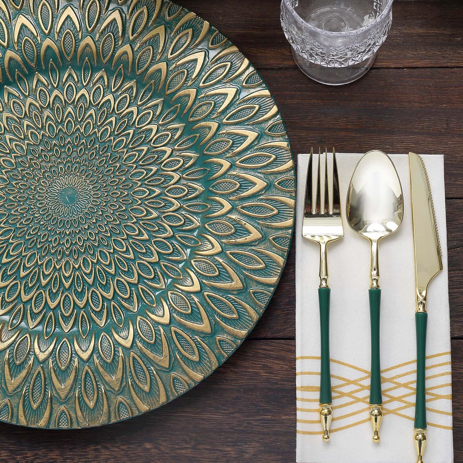 6-Pack Plastic Round Charger Plates 13 in Teal with Gold Embossed Peacock Pattern, Stylish Disposable Charger Tableware