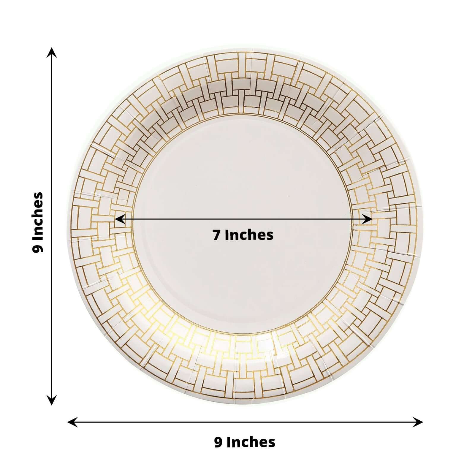 25-Pack Paper 9 Round Dinner Plates in White with Gold Basketweave Rim - Disposable Party Plates for Stylish Soirées & Festive Brunches