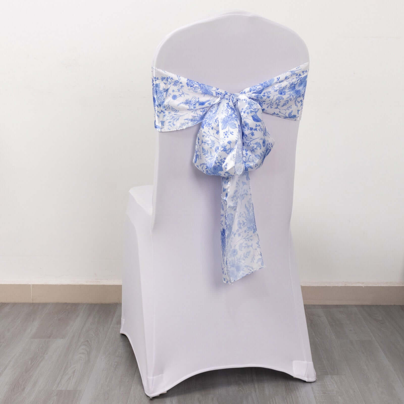 5 Pack Satin Chair Sashes White/Blue French Toile Floral Pattern - Wrinkle-Resistant & Reusable Chair Bows for Effortless Event Setup 6x108