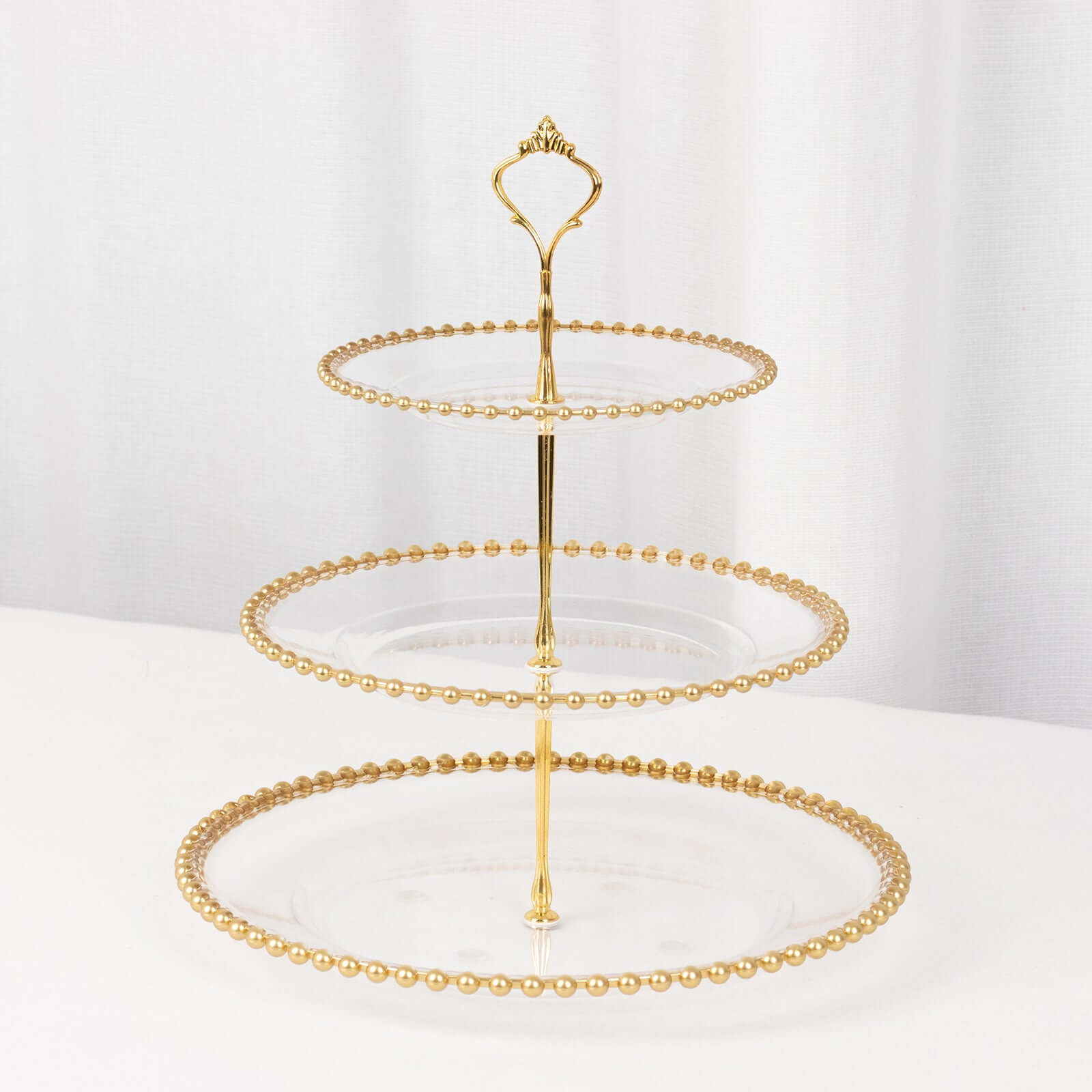 3-Tier Plastic Round Cupcake Tower Stand Clear - Versatile Dessert Display Tea Party Serving Platter with Gold Beaded Rim & Top Handle 14