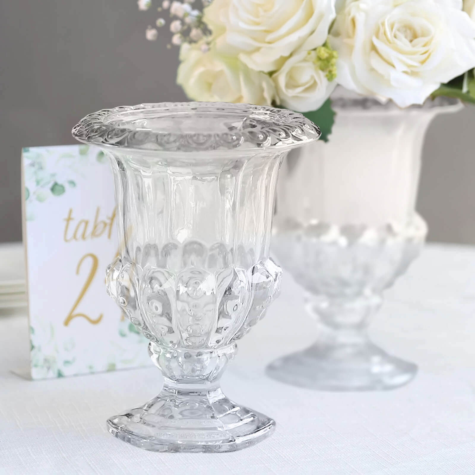 2-Pack Glass Mini Pedestal Flower Vases in Classic Roman Urn Style Clear - Sophisticated Wedding Table Centerpieces 8