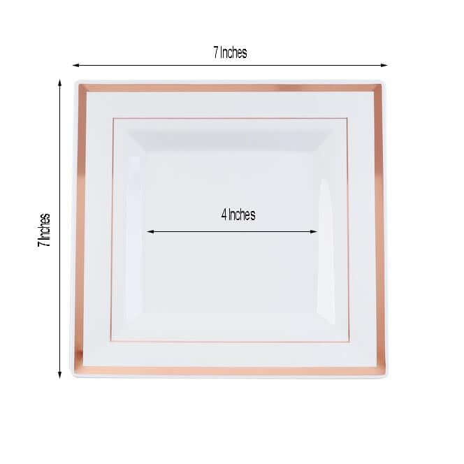 10-Pack Plastic Salad Dessert Plates White Square with Rose Gold Trim - Durable Disposable Appetizer Plates 7