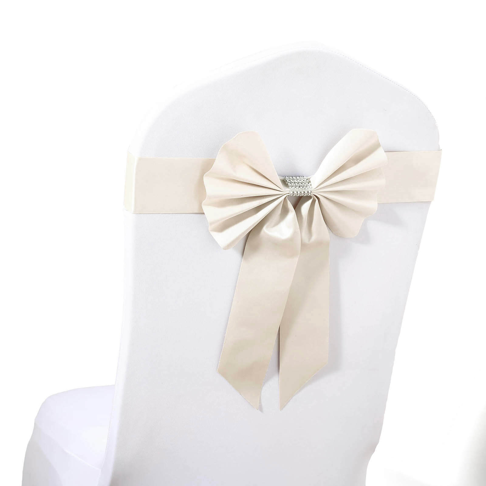 5 Pack Satin Faux Leather Chair Sashes Ivory - Durable Double Sided Pre-tied Bow Tie Chair Bands with Diamond Rhinestone Buckles