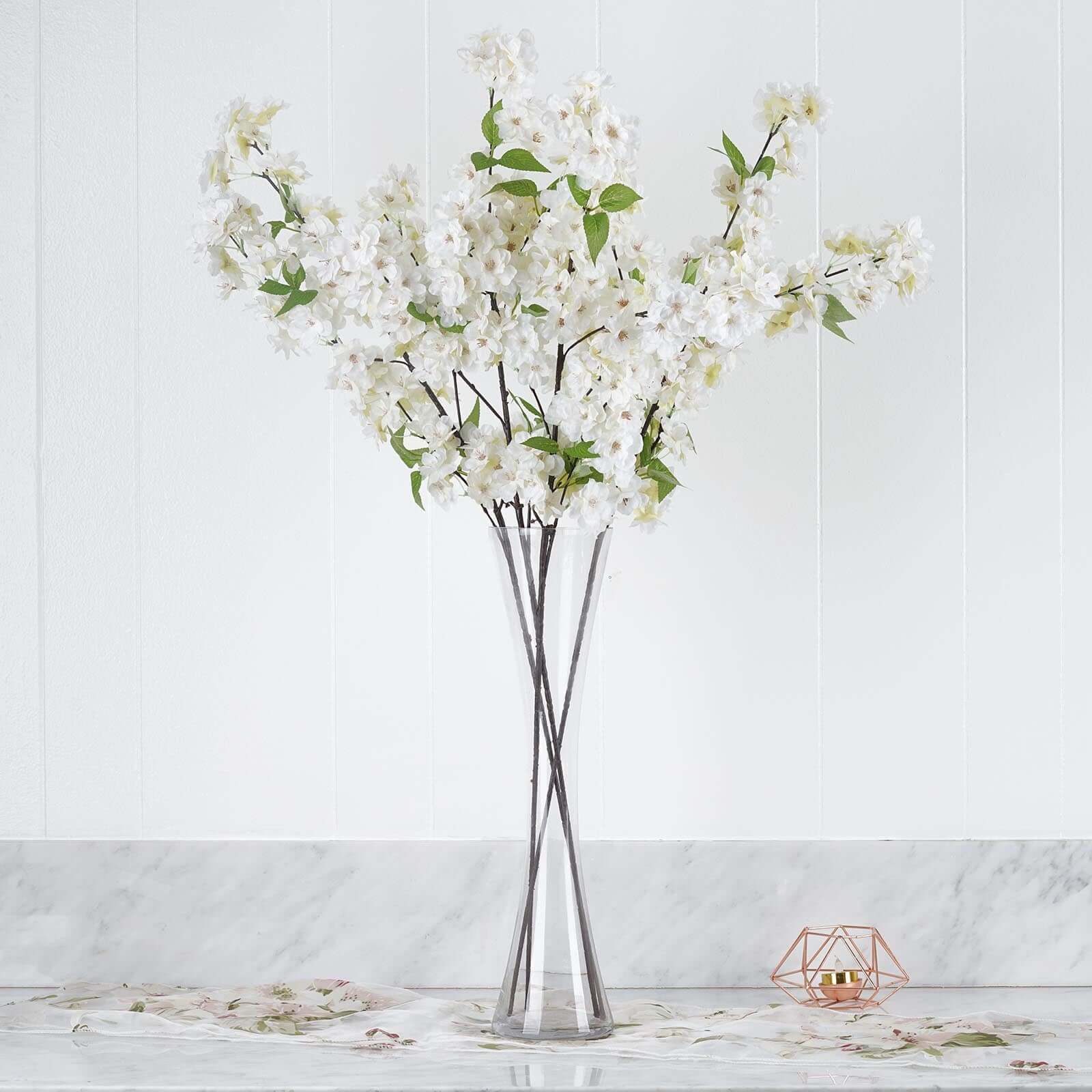 4 Bushes 40 Tall White Artificial Silk Cherry Blossom Flowers, Branches