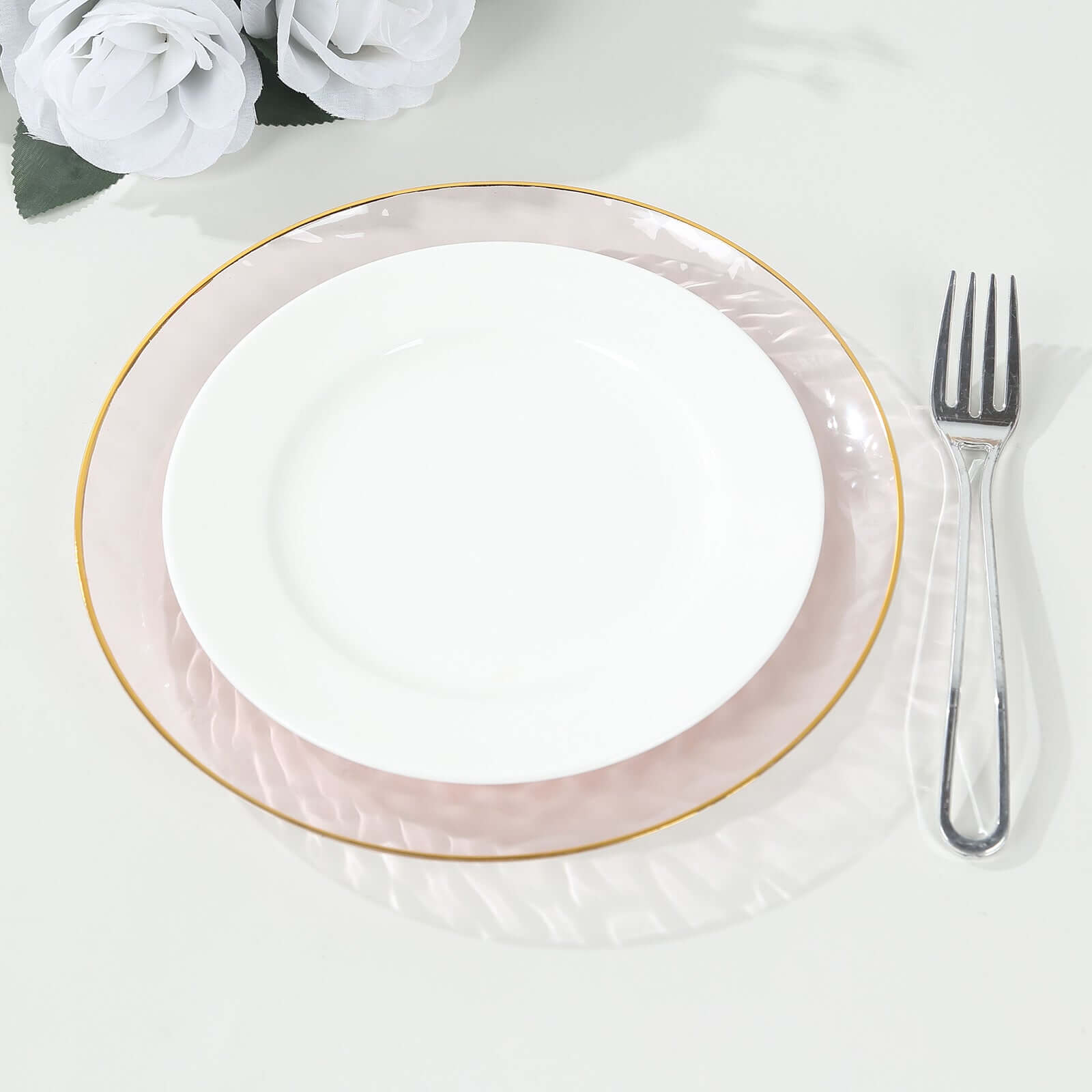 10-Pack Plastic 9 Round Dinner Plates in Transparent Blush Hammered Design with Gold Rim - Modern Disposable Party Plates