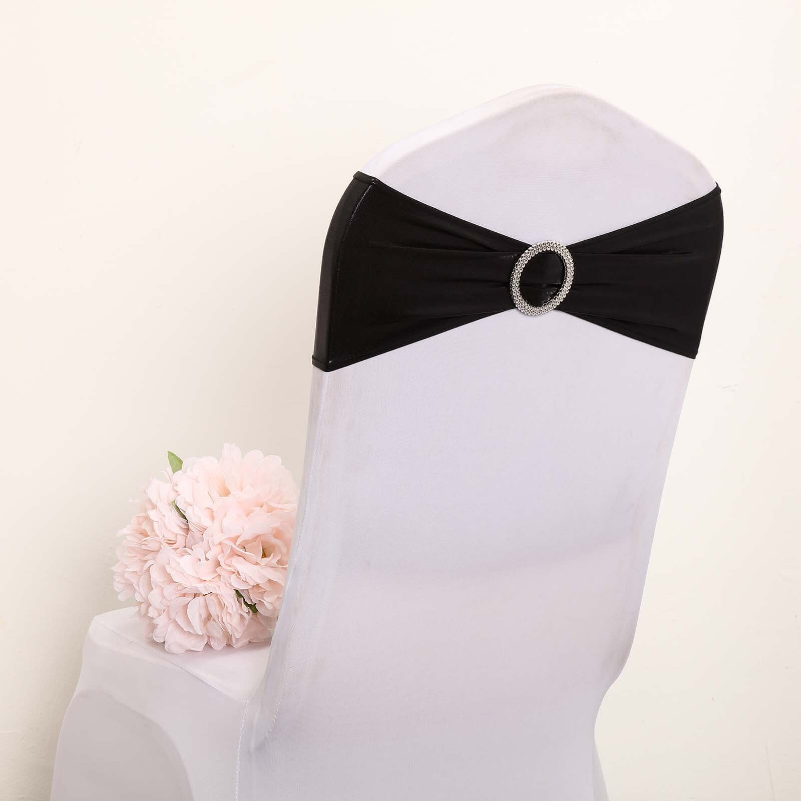 5 Pack Metallic Spandex Chair Sashes Black - Stretch Fit Chair Bands With Round Diamond Buckles for Glamorous Event Decor