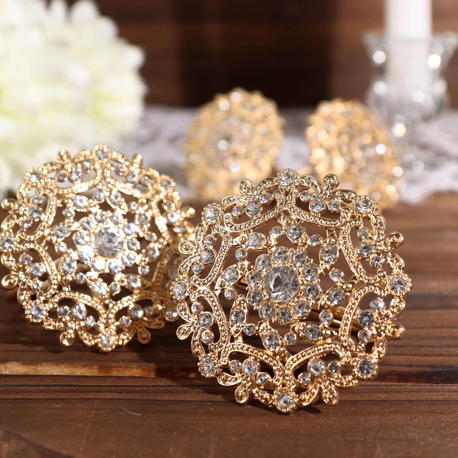 4 Pack Diamond Rhinestone Gold Metal Flower Napkin Rings, Decorative Napkin Buckle Holders