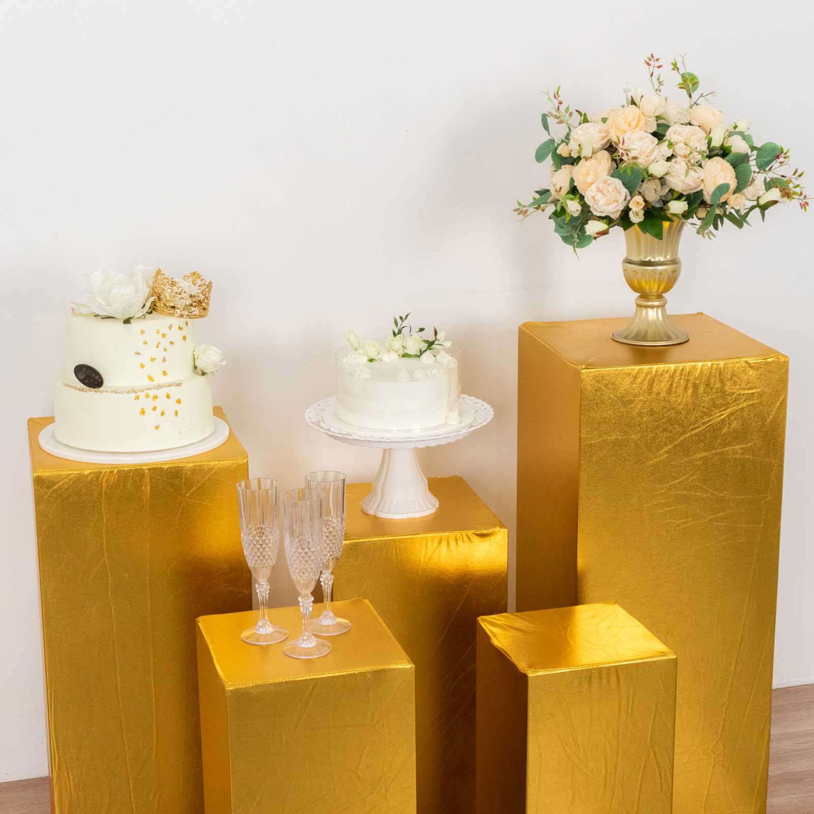 Set of 5 Metallic Gold Spandex Rectangle Pedestal Stand Covers, Stretchable Pillar Prop Covers - 160 GSM