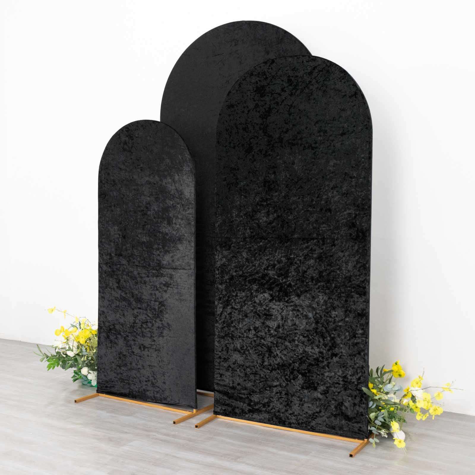 Set of 3 Black Crushed Velvet Chiara Backdrop Stand Covers For Round Top Wedding Arches - 5ft, 6ft, 7ft