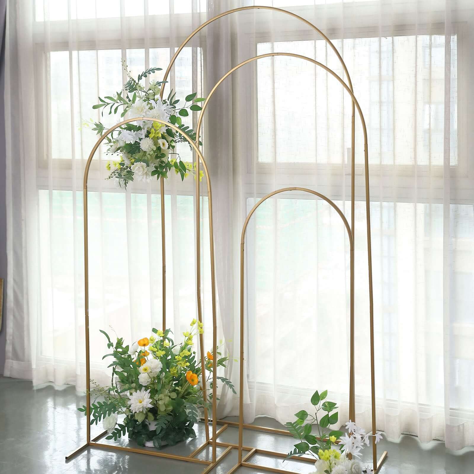 Set of 4 Gold Metal Wedding Arch Chiara Backdrop Stand Floral Display Frame With Round Top