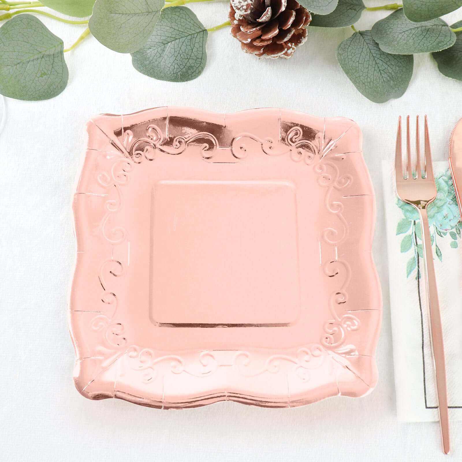 25-Pack Paper 7 Square Dessert Plates in Rose Gold with Vintage Pottery Embossed Design - Shiny Metallic Disposable Appetizer Plates