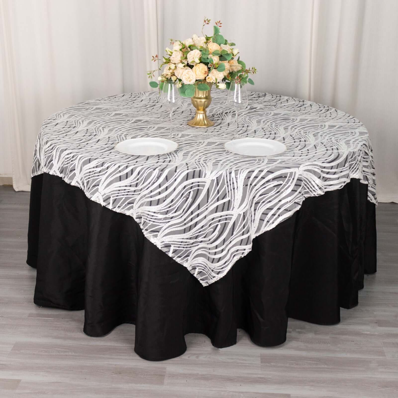 Mesh 72x72 Table Overlay Square Tablecloth White Black - Wave Embroidered Sequins Table Topper