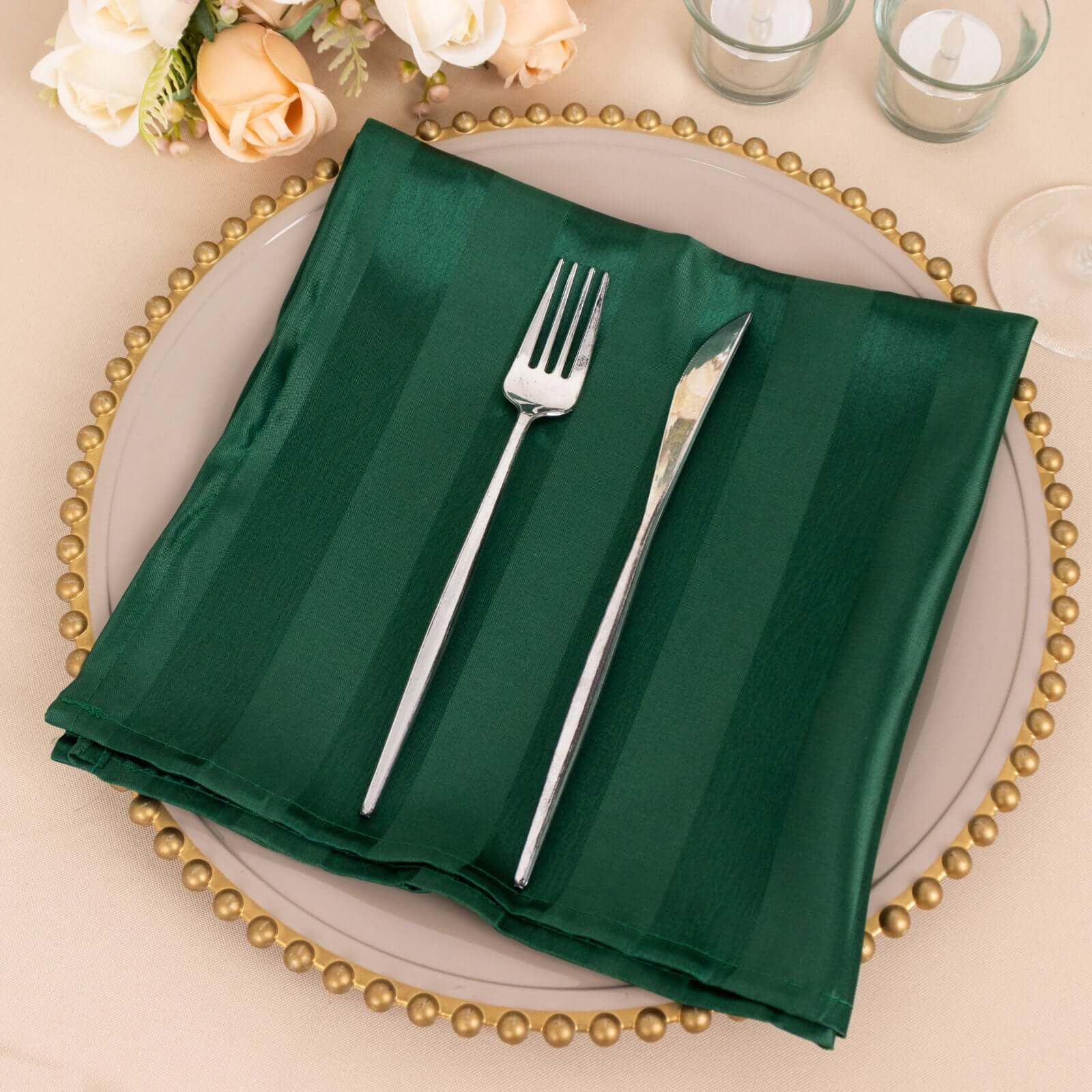 5 Pack Satin 20x20 Napkins Hunter Emerald Green Glossy Stripes - Durable & Wrinkle-Free Cloth Napkins