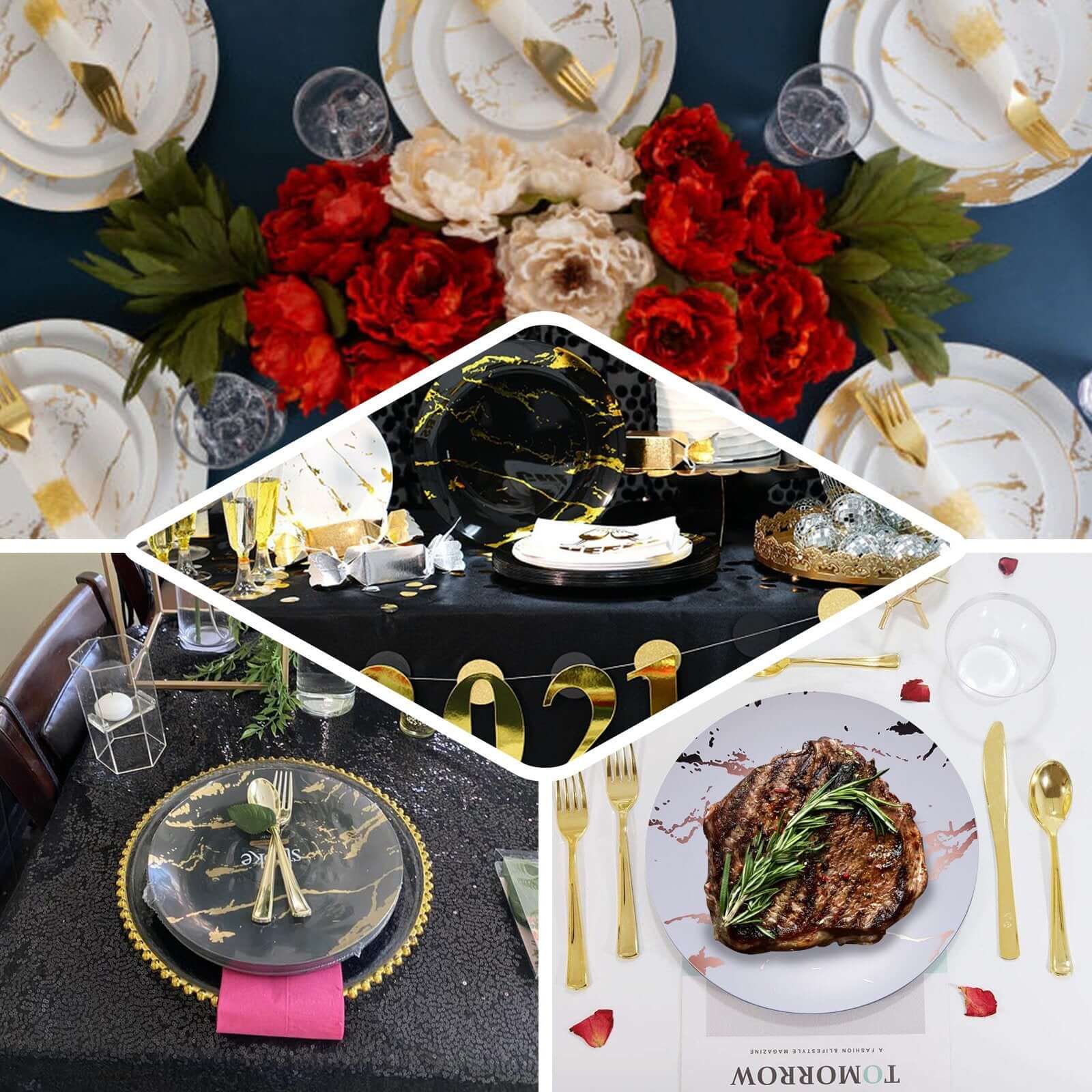 10-Pack Plastic 10 Round Dinner Plates in Clear with Gold Marble Print - Disposable Party Plates for Chic Banquets & Special Occasions