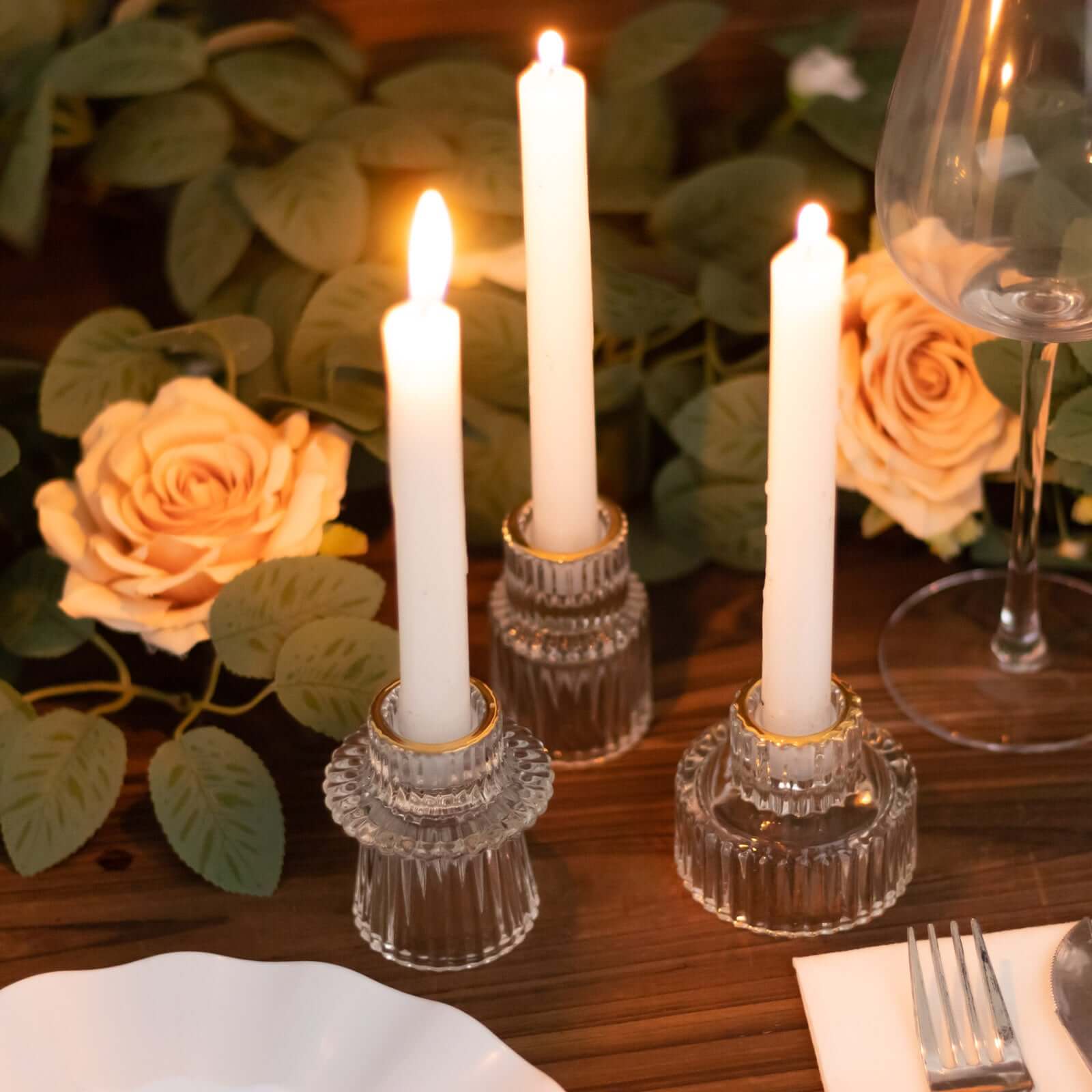 Set of 6 Glass Taper Candle Holders Ribbed Crystal Design with Gold Rim Clear - Reversible Mini Votive Tealight Stands 3