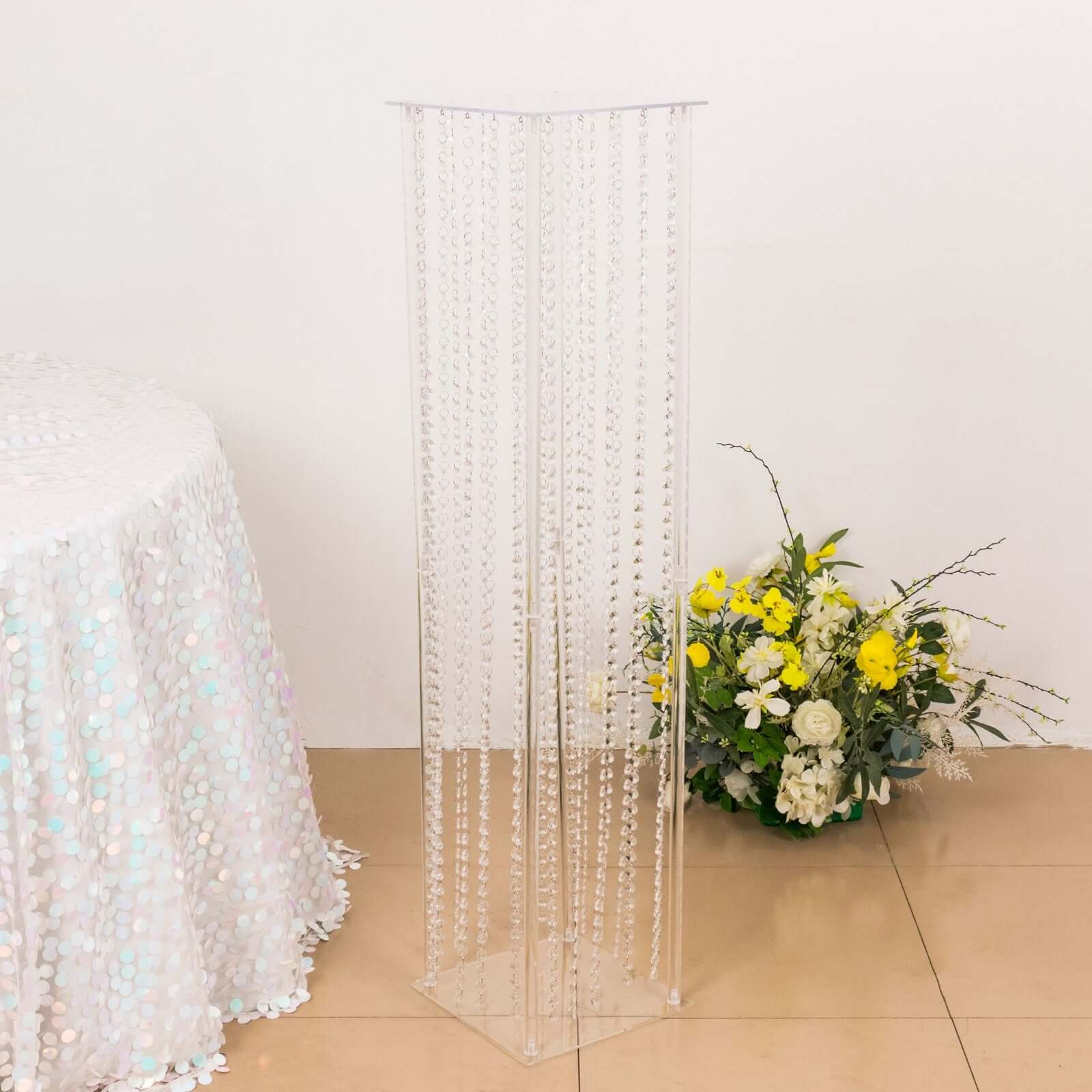 Acrylic Flower Pedestal Vase Pillar Stand with Crystal Beads Clear - Durable Wedding Floor Centerpiece for Large Displays 48