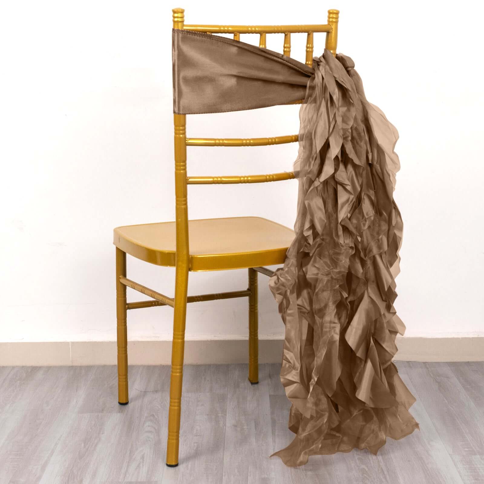 5 Pack Chiffon Satin Chair Sashes Taupe - Easy to Install Ruffled Curly Willow