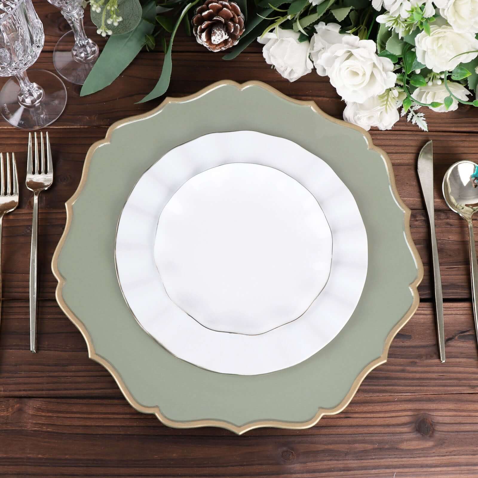 6-Pack Acrylic Round Charger Plates 13 in Dusty Sage Green with Gold Scalloped Rim, Decorative Dinner Party Plastic Charger Tableware