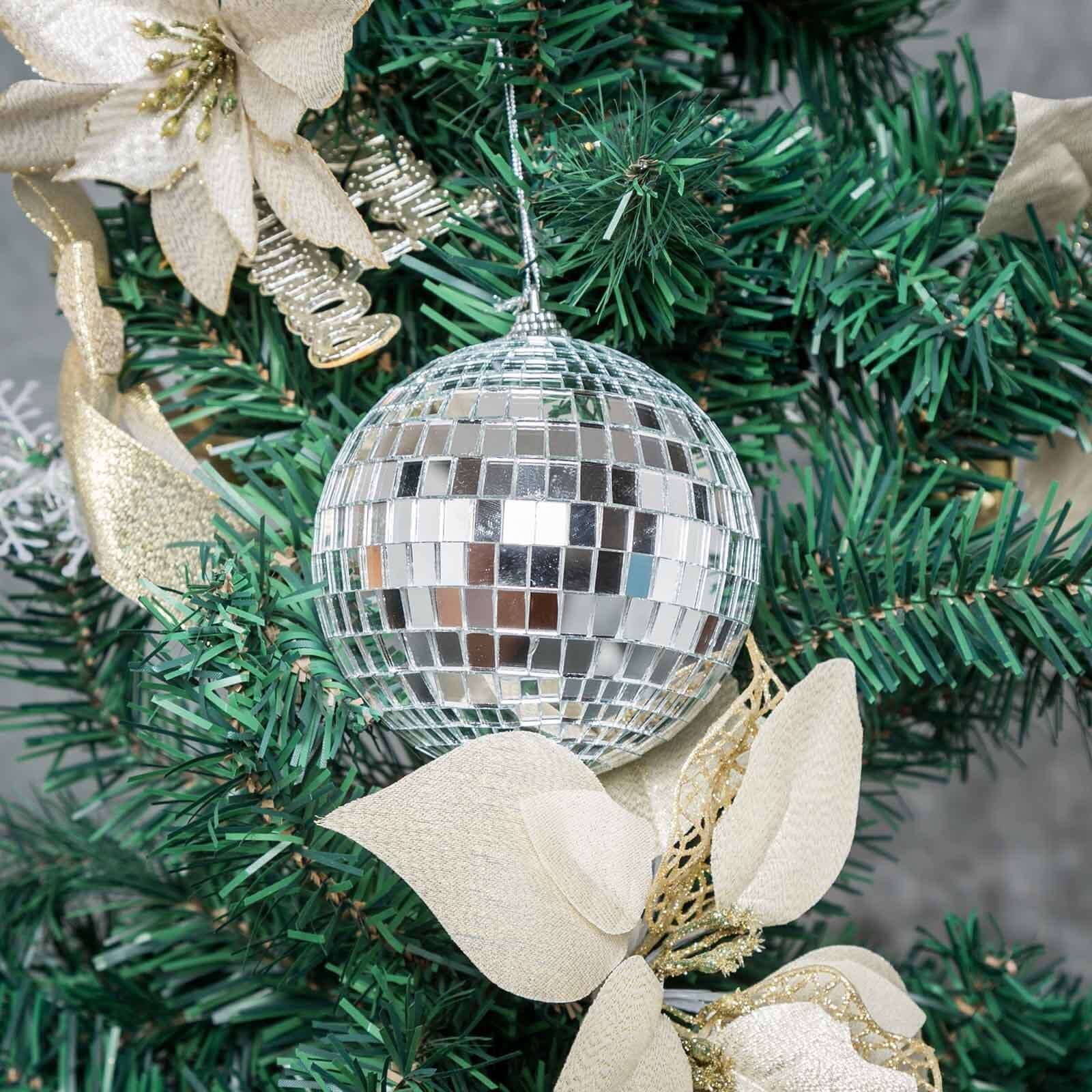 4 Pack 4 Silver Foam Disco Mirror Ball With Hanging Strings, Holiday Christmas Ornaments