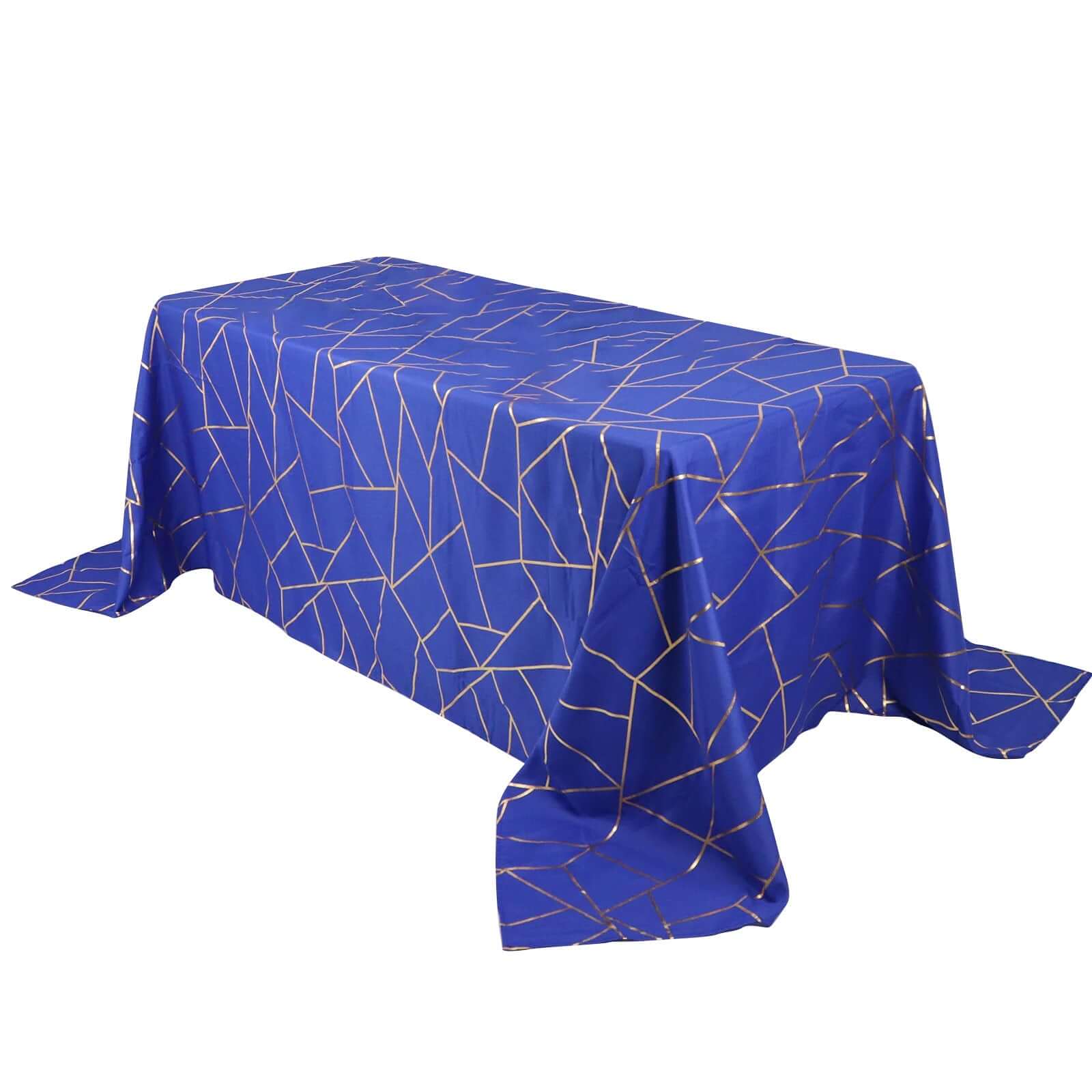 Polyester 90x132 Rectangle Tablecloth Royal Blue with Gold Foil Geometric Pattern - Wrinkle-Resistant Seamless Table Cover