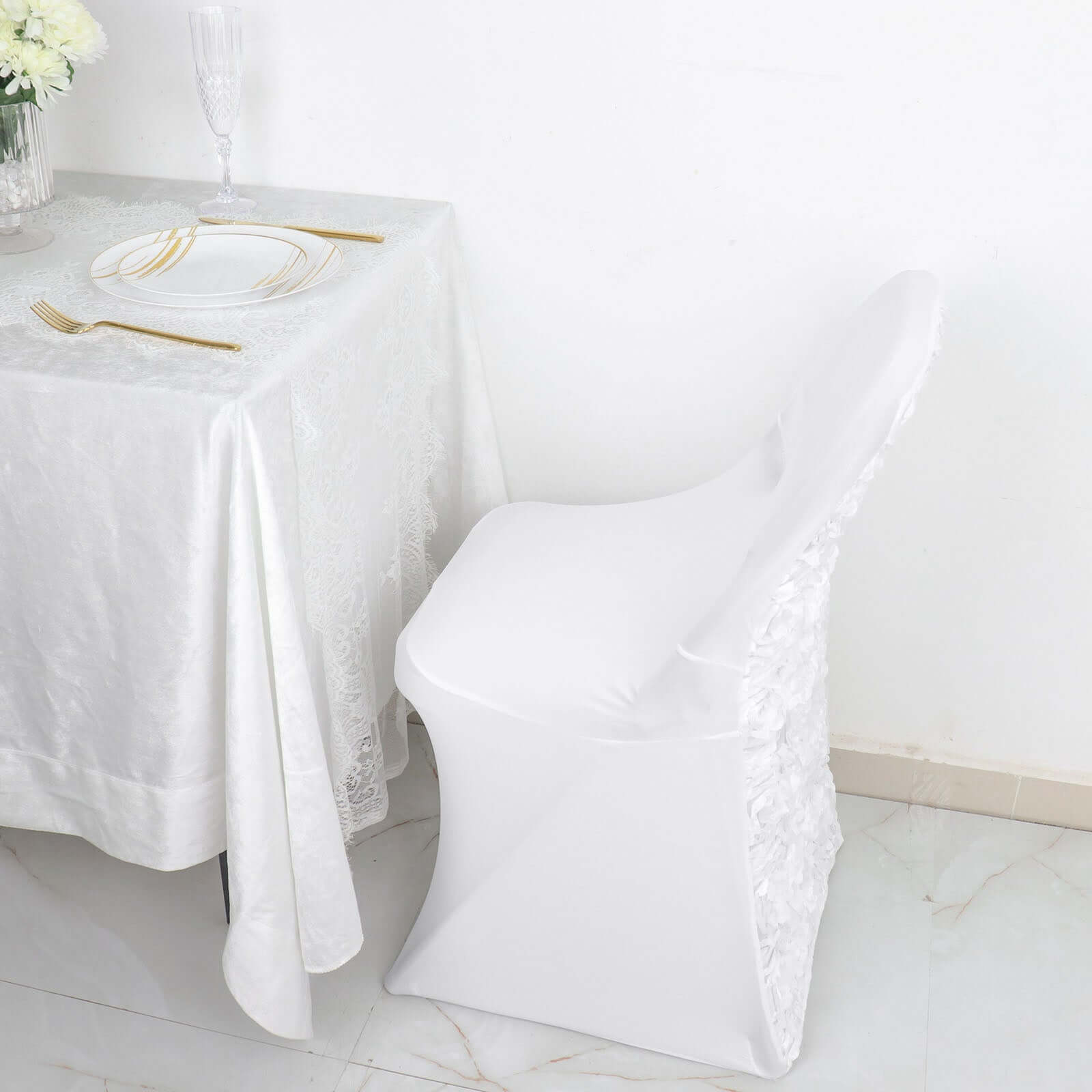 Spandex Chair Cover White for Folding Chairs - Durable Stretch Fitted Slipcover with Satin Rosette Design for Classy Events