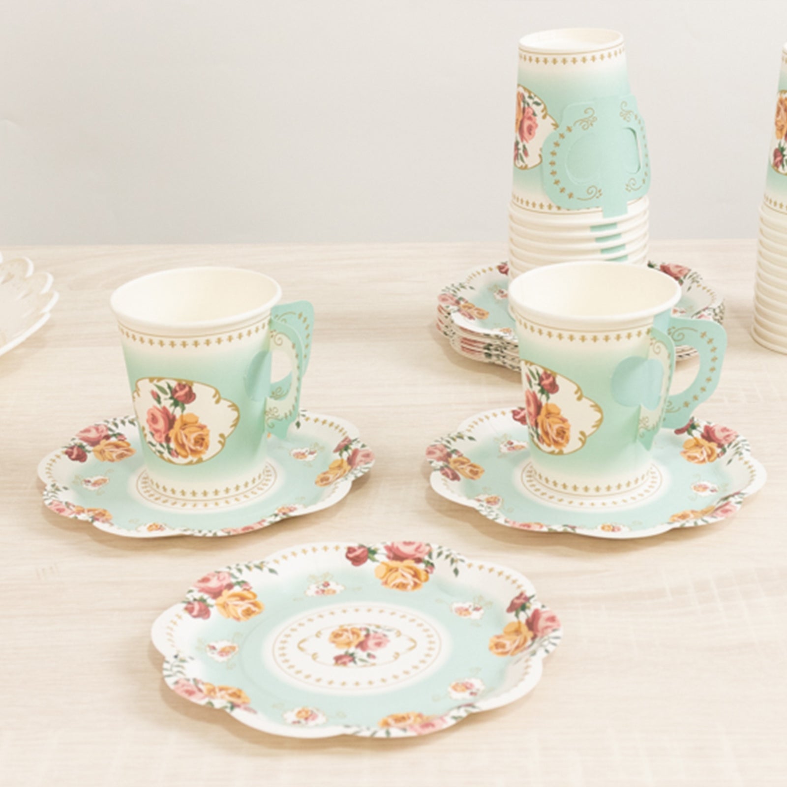 Set of 25 Paper Cups and Saucers in Turquoise with Rose Floral Print - Vintage Inspired Disposable Tea Party Decorations