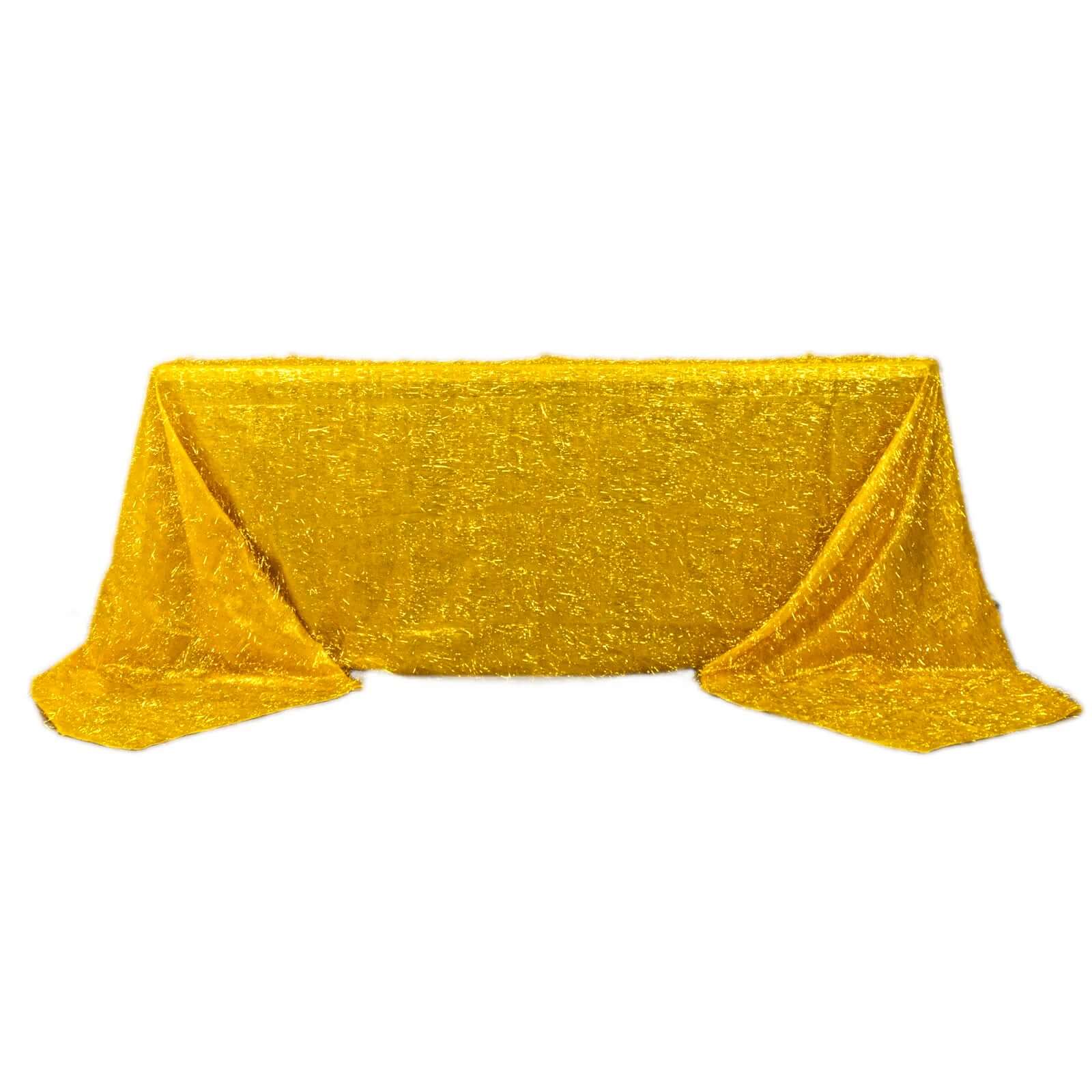 Polyester 90x156 Rectangle Tablecloth Gold Metallic Fringe Shag Tinsel Design Table Cover for Events Decor