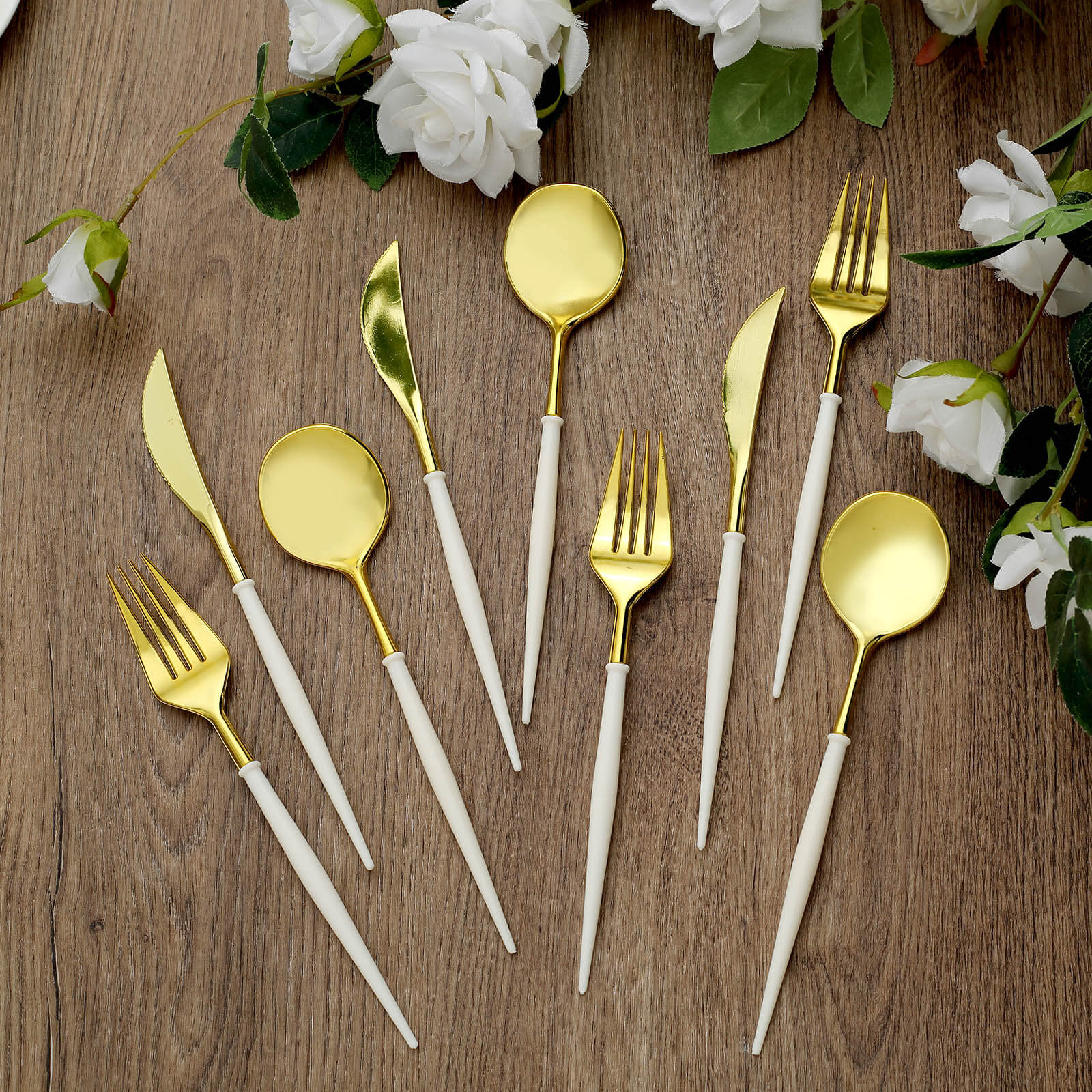 24-Pack Plastic Flatware Set in Metallic Gold with Ivory Handle - Heavy Duty Disposable Modern Silverware 8