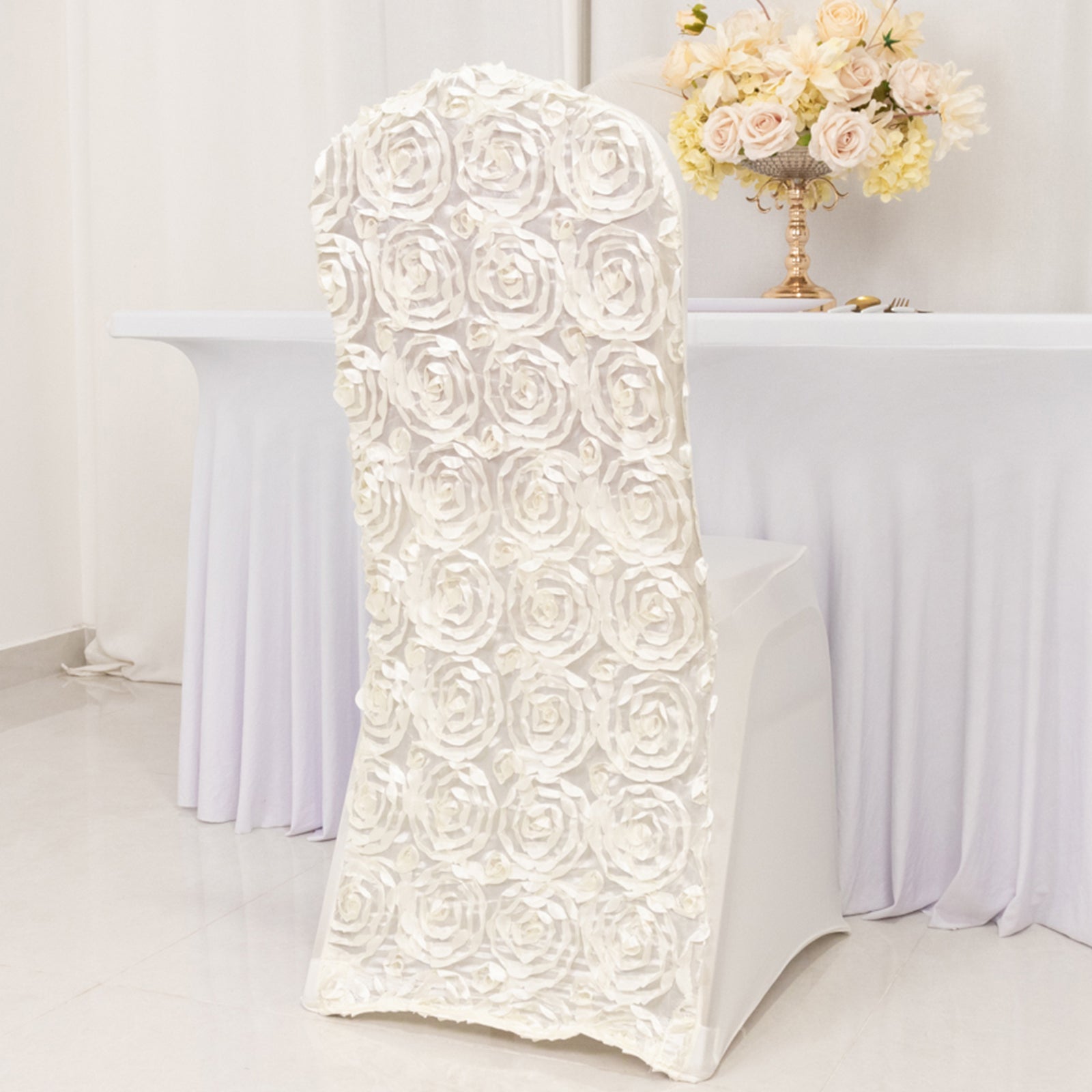 Satin Rosette Chair Cover for Banquet Chairs Ivory - Stretch Fitted Slip-On Slipcover