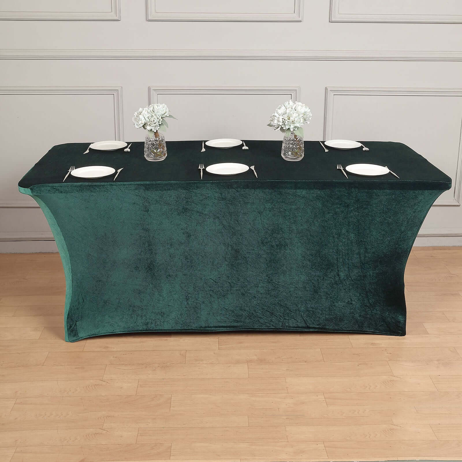 Velvet Spandex 6ft Rectangle Tablecloth Hunter Emerald Green - Fitted Wrinkle-Free Design for 72x30 Tables