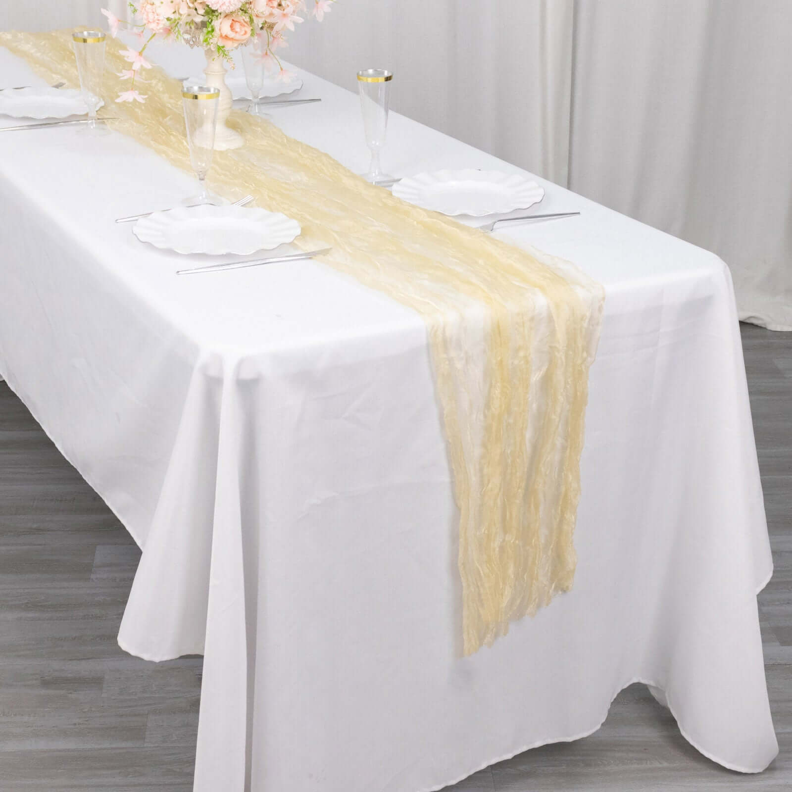 Sheer Crinkled Organza 9ft Table Runner Champagne - Rustic Chiffon Look