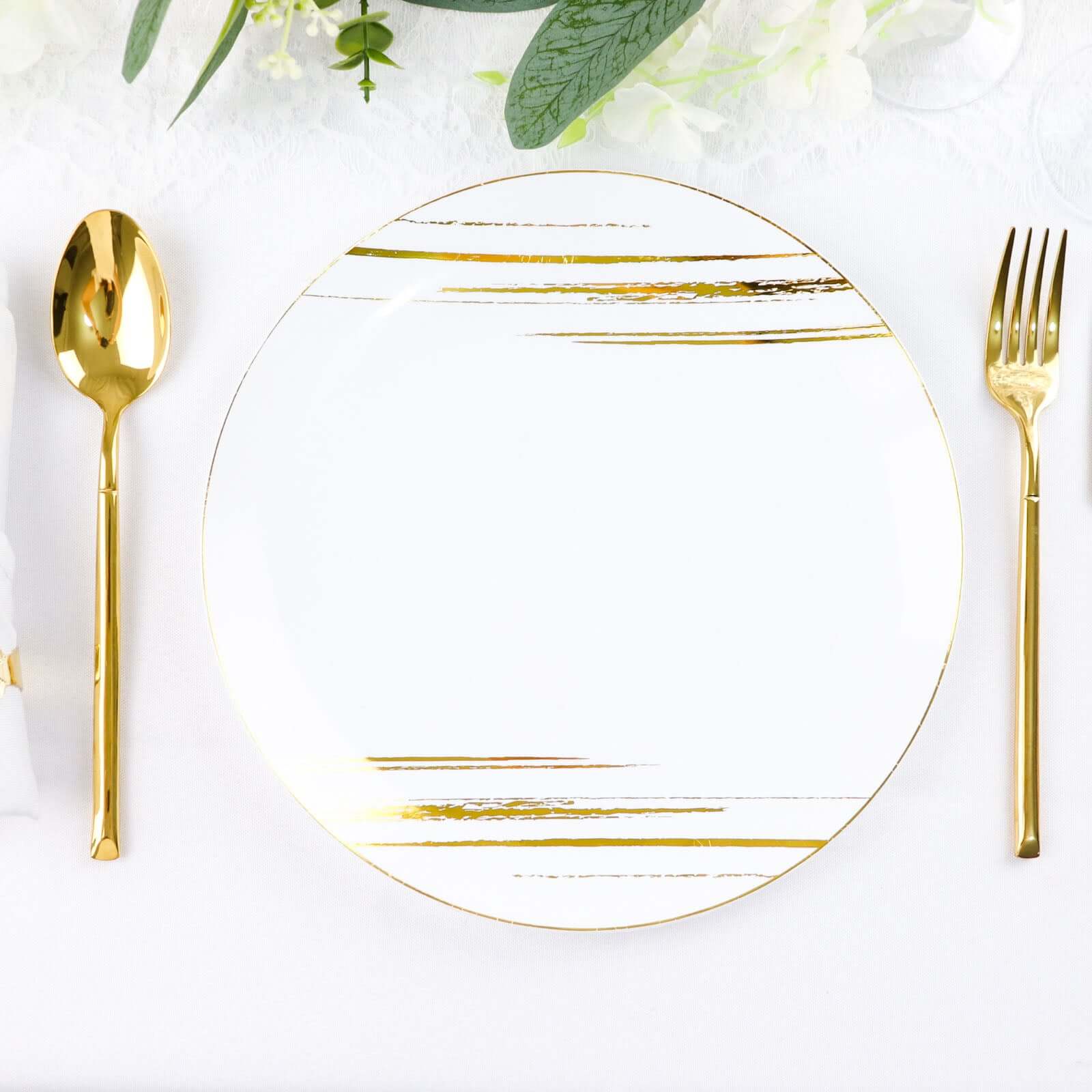 10-Pack Plastic 10 Round Dinner Plates in White with Gold Brush Stroked Print - Disposable Party Dinnerware for Modern Themed Events & Banquets