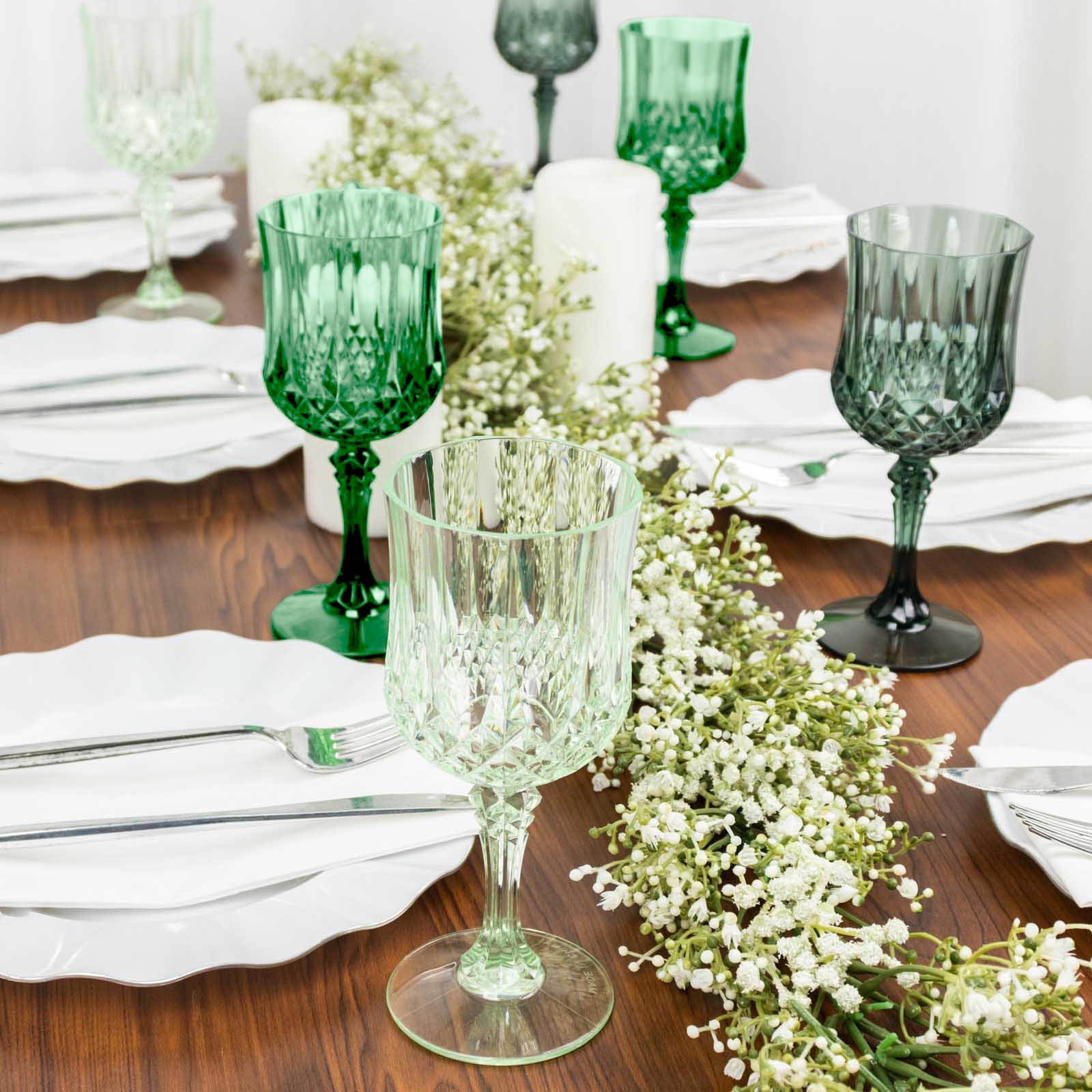12-Pack Plastic Cocktail Goblets Assorted Green Transparent Crystal Cut - Shatterproof Drinkware 8oz