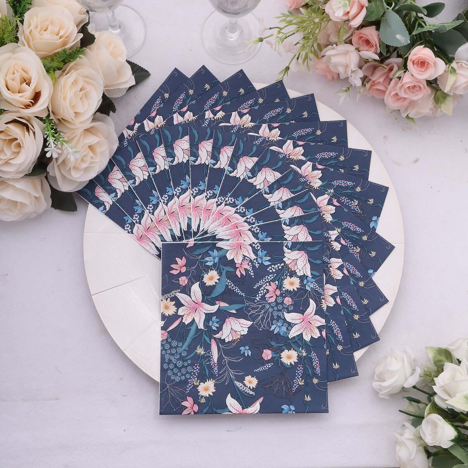 50-Pack Paper Beverage Napkins with Water Lily Floral Design Navy Blue - 2 Ply Soft 18GSM Wedding Napkins 6.5x6.5