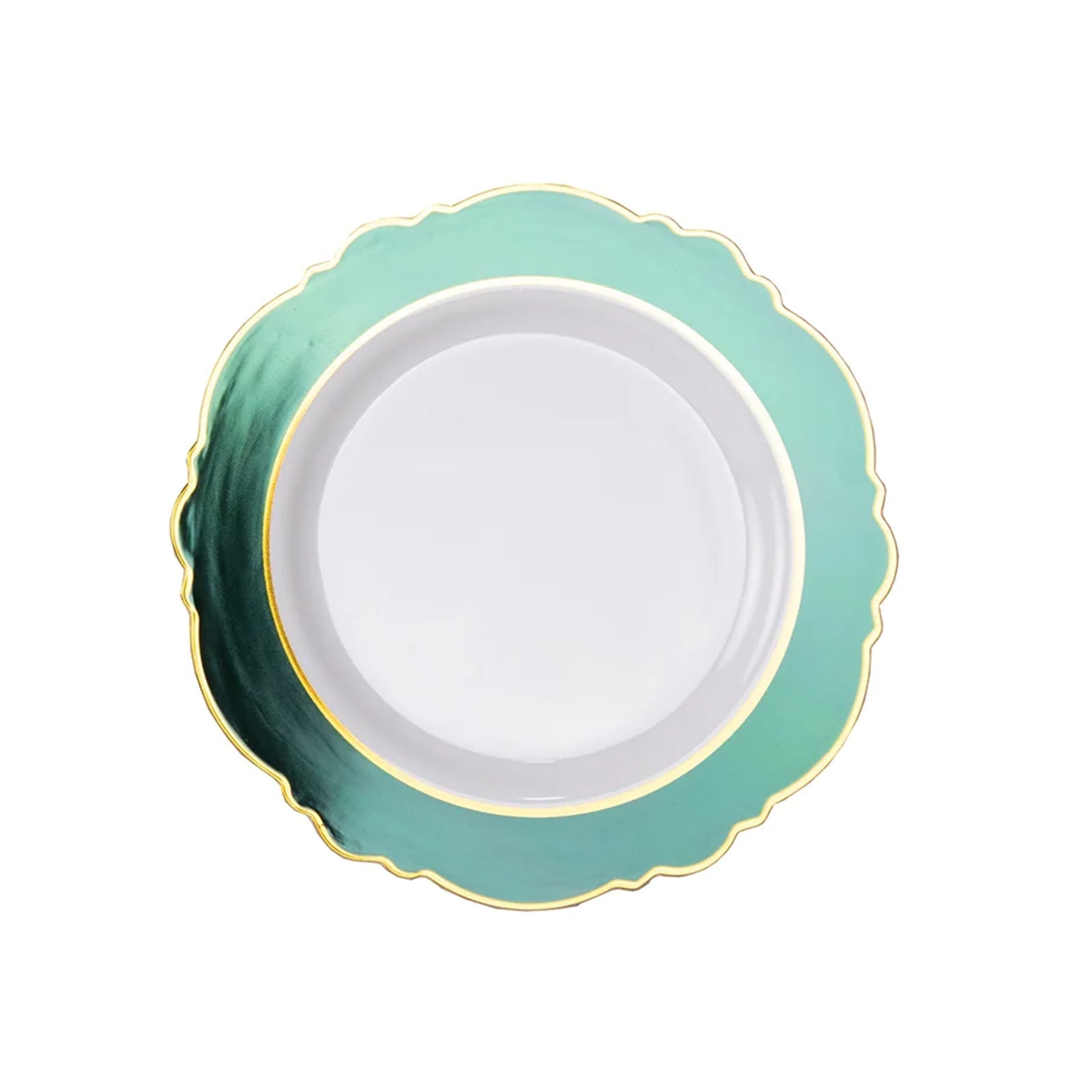 10-Pack Plastic 8 Round Dessert Plates in White with Hunter Emerald Green Blossom Design & Gold Edging - Disposable Salad Appetizer Plates