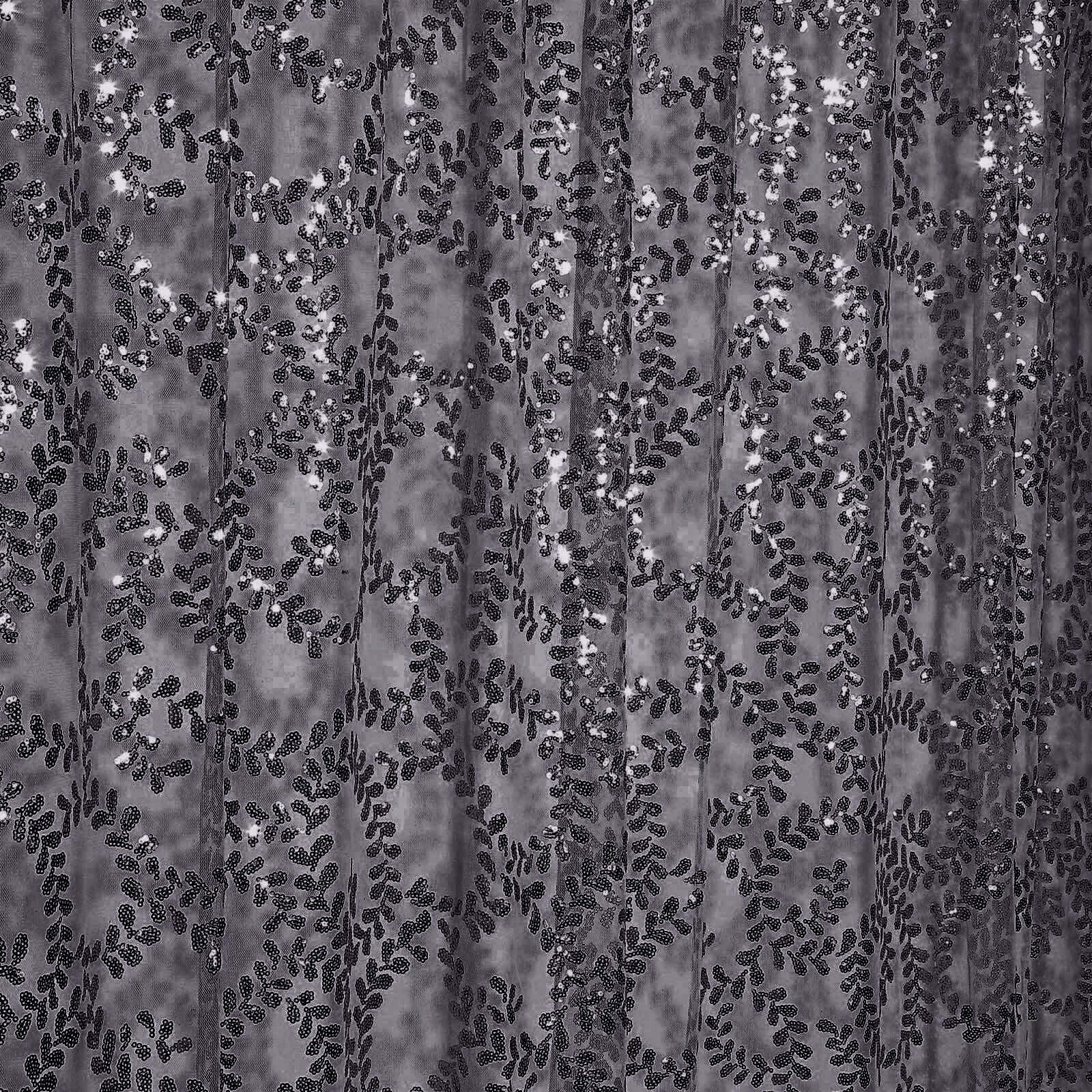 8ftx8ft Black Embroider Sequin Event Curtain Drapes, Sparkly Sheer Backdrop Event Panel With Embroidery Leaf