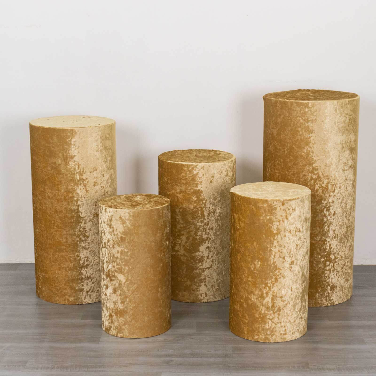 Set of 5 Champagne Crushed Velvet Cylinder Pedestal Stand Covers, Premium Pillar Prop Covers