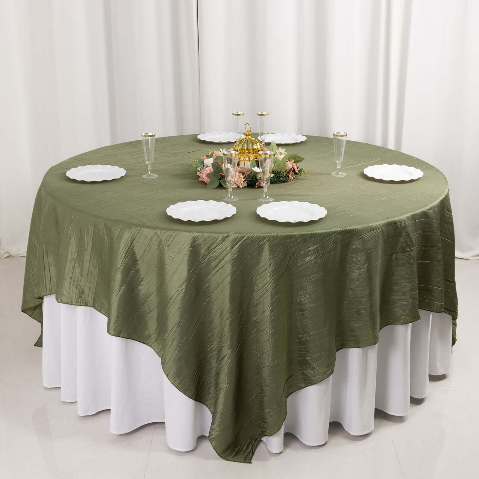 Taffeta 90x90 Table Overlay Square Tablecloth Dusty Sage Green - Accordion Crinkle Table Cover