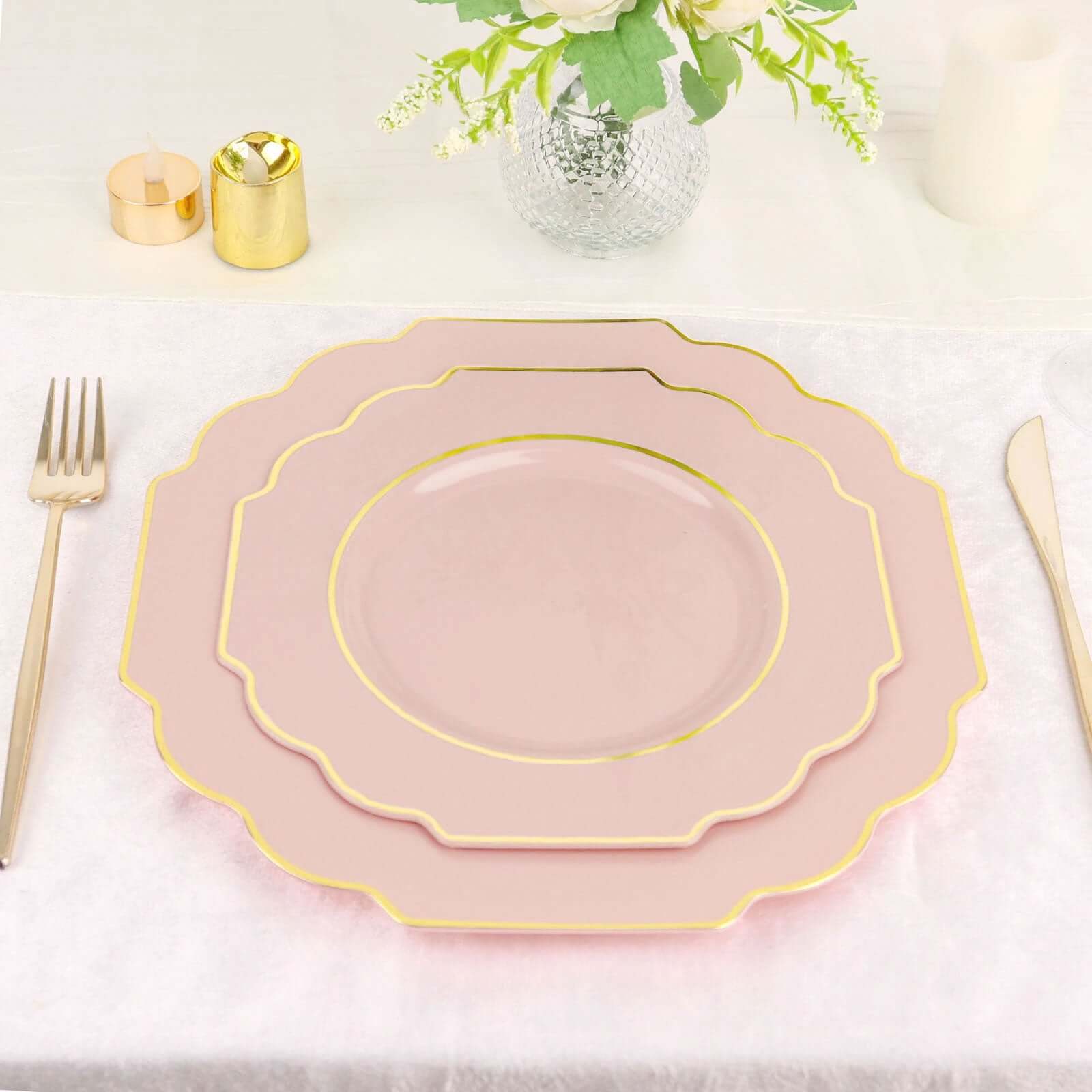 10-Pack Plastic Dessert Appetizer Plates in Blush Baroque Design with Scalloped Gold Rim - Heavy Duty Disposable Salad Plates 8