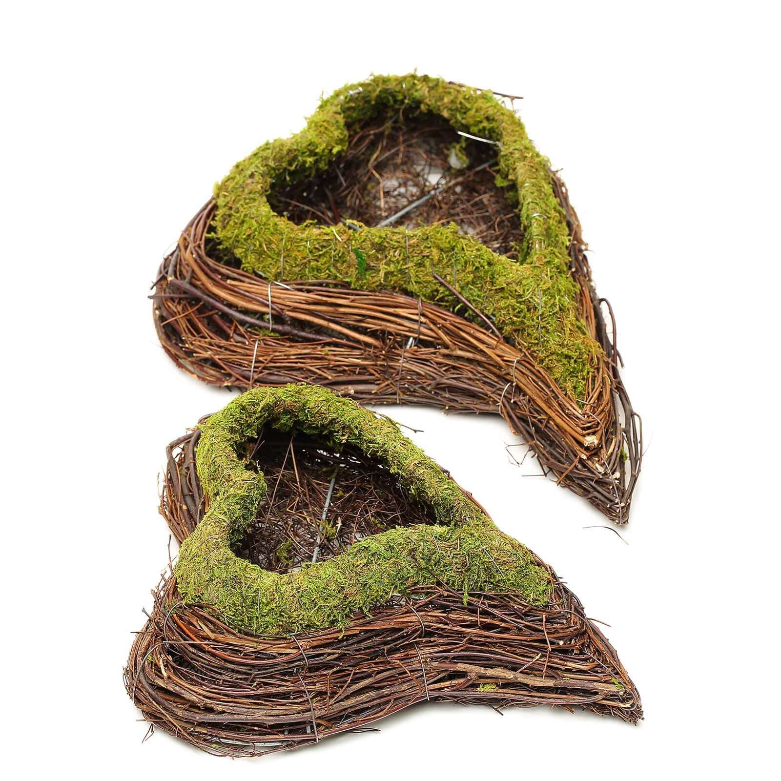 Set of 2 Heart Shaped Planter Boxes Preserved Moss Twigs Green - Flower Basket Centerpieces 14, 11