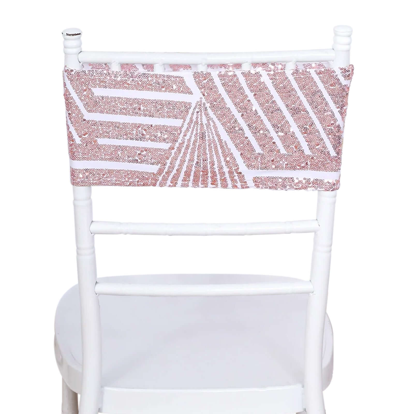 5 Pack Sequin Spandex Chair Sash White with Rose Gold Geometric Diamond Glitz Pattern - Durable & Easy To Use Stretchable Chair Bands