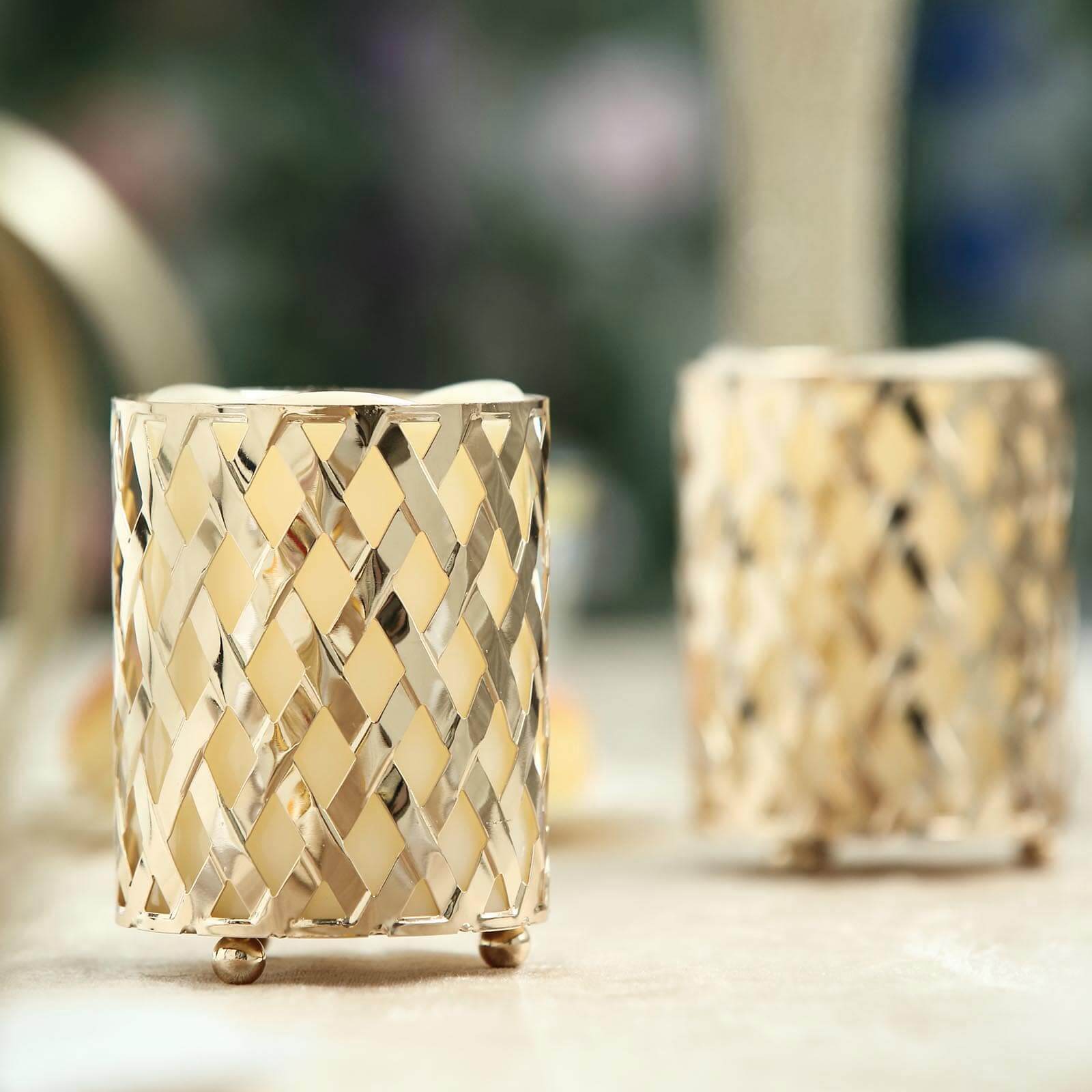 2-Pack Votive Candle Holders Gold Metal Diamond Cut Geometric Design - Perfect for Home Décor and Events 4