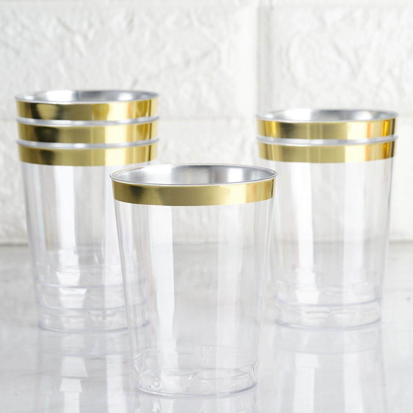 25-Pack Plastic Tumbler Cups Clear with Gold Rim - Stylish Disposable Party Glasses 10oz