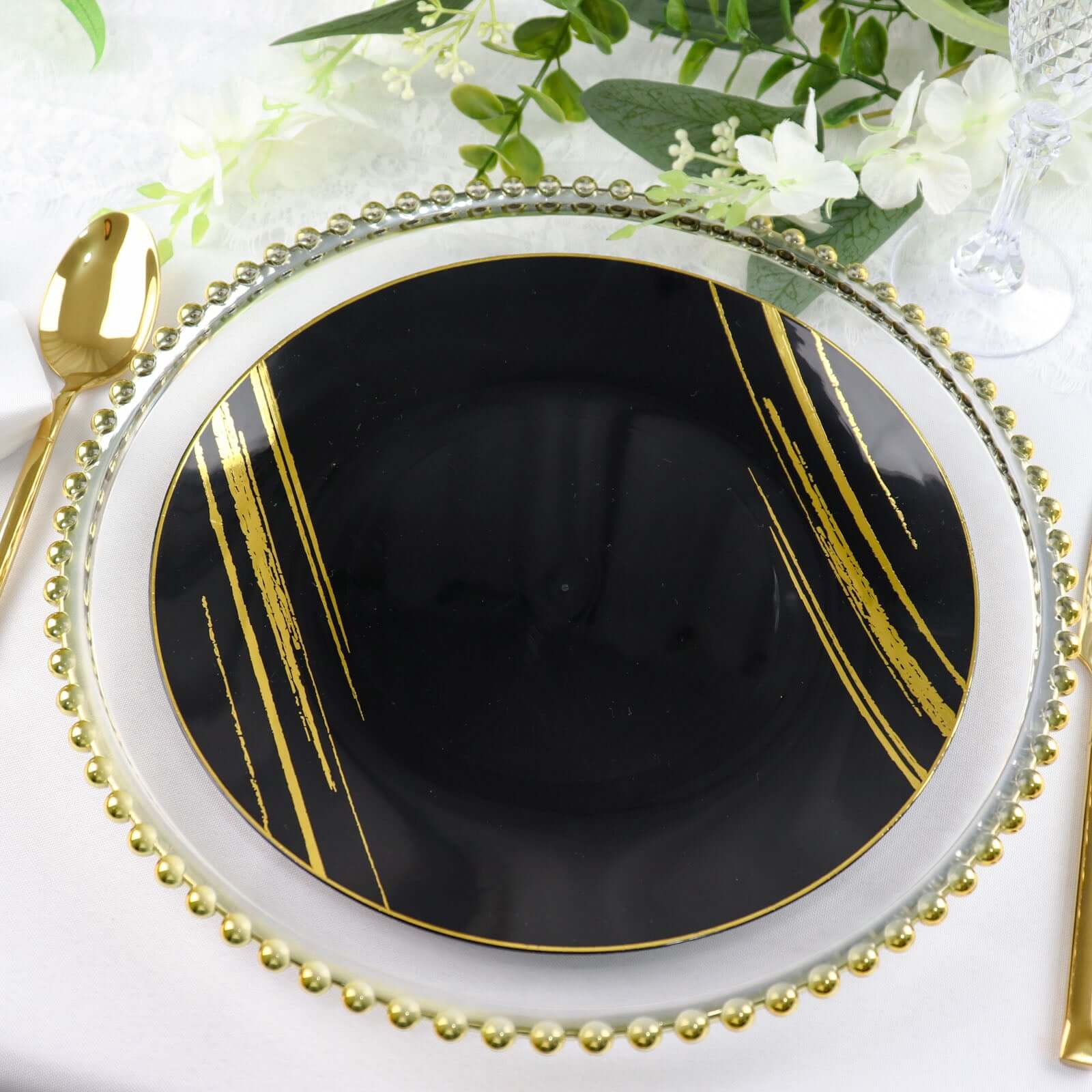 10-Pack Plastic 10 Round Dinner Plates in Black with Gold Brush Stroked Print - Disposable Party Dinnerware