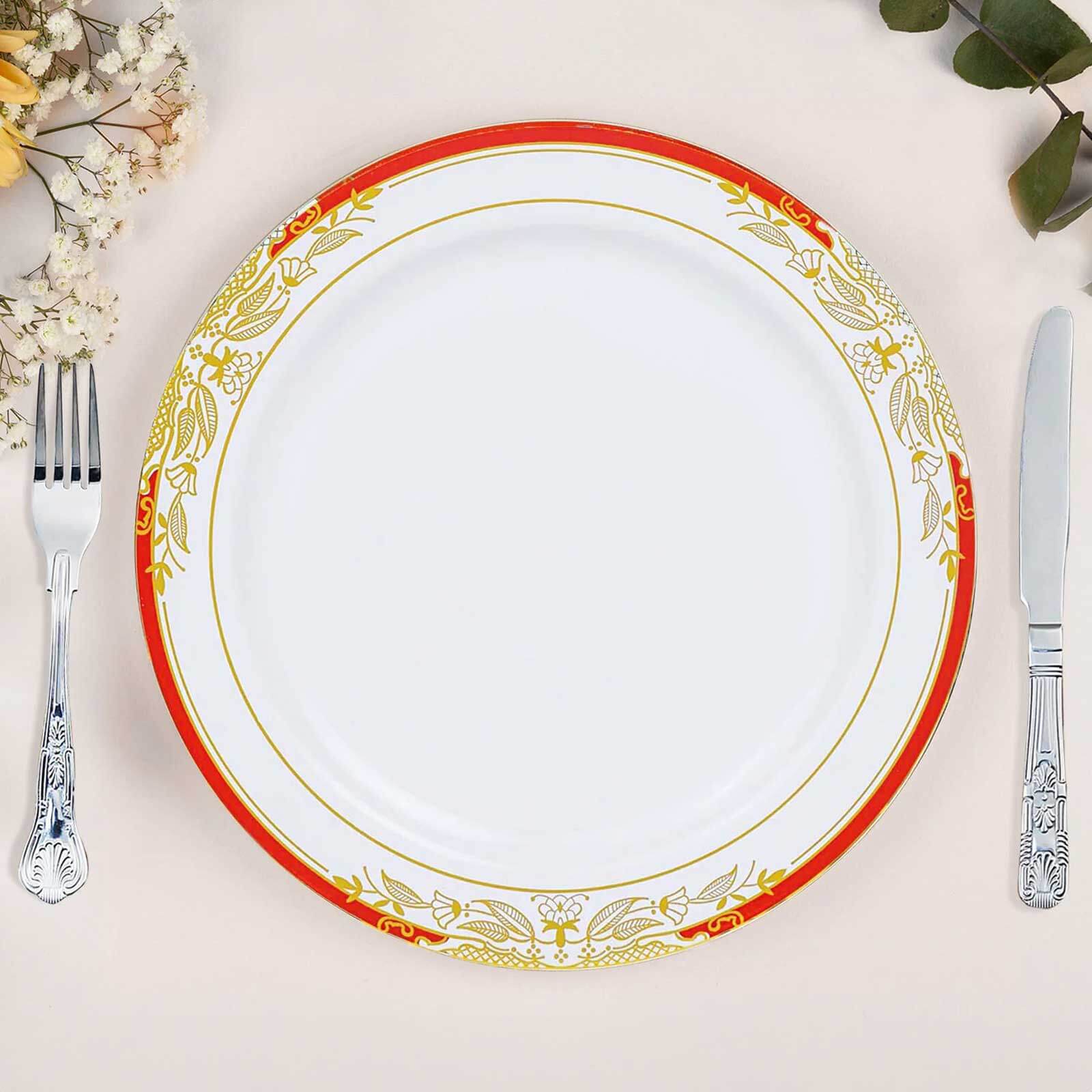 10 Pack White With Red Rim 10 Plastic Dinner Plates, Round With Gold Vine Design