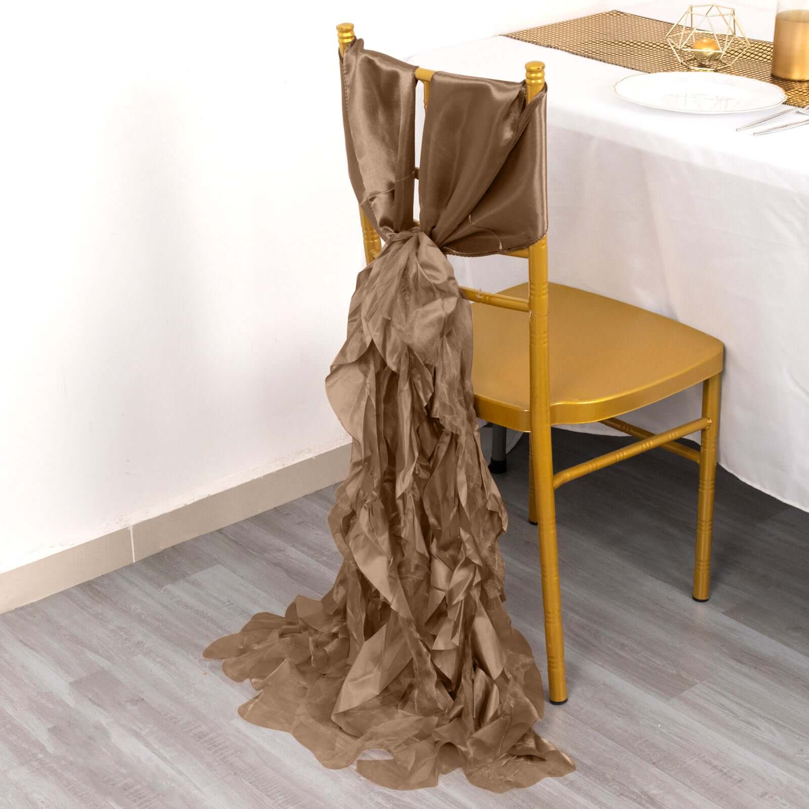 5 Pack Chiffon Satin Chair Sashes Taupe - Easy to Install Ruffled Curly Willow